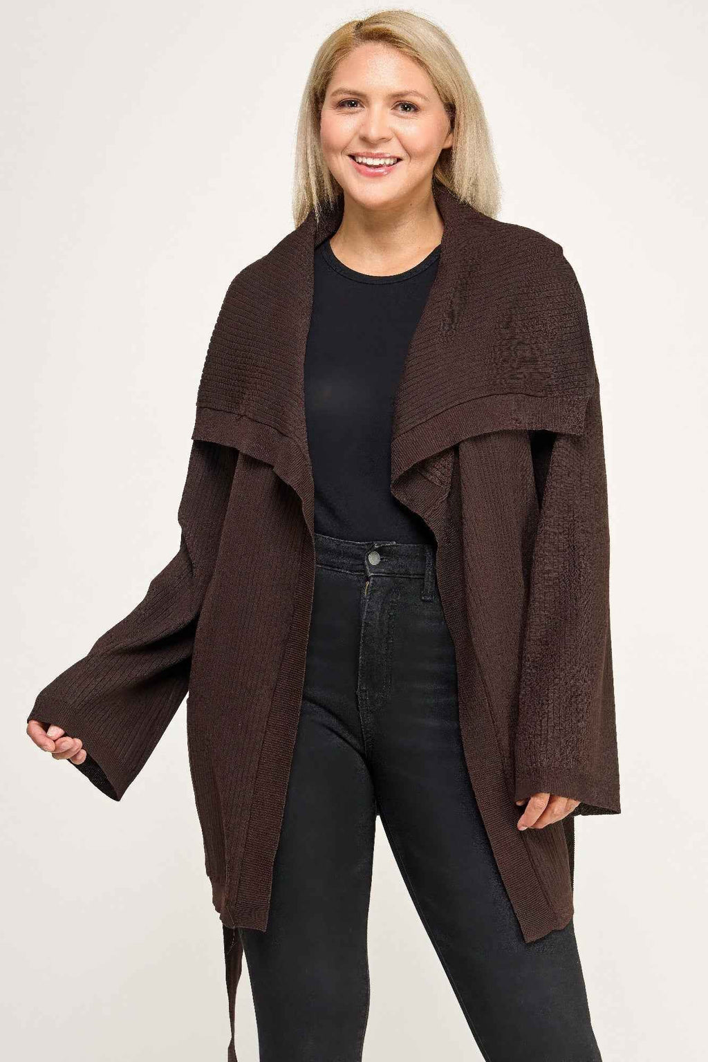 Plus Size Ribbed Wrap Cardigan With Waist Belt - Mr Lou’s Place