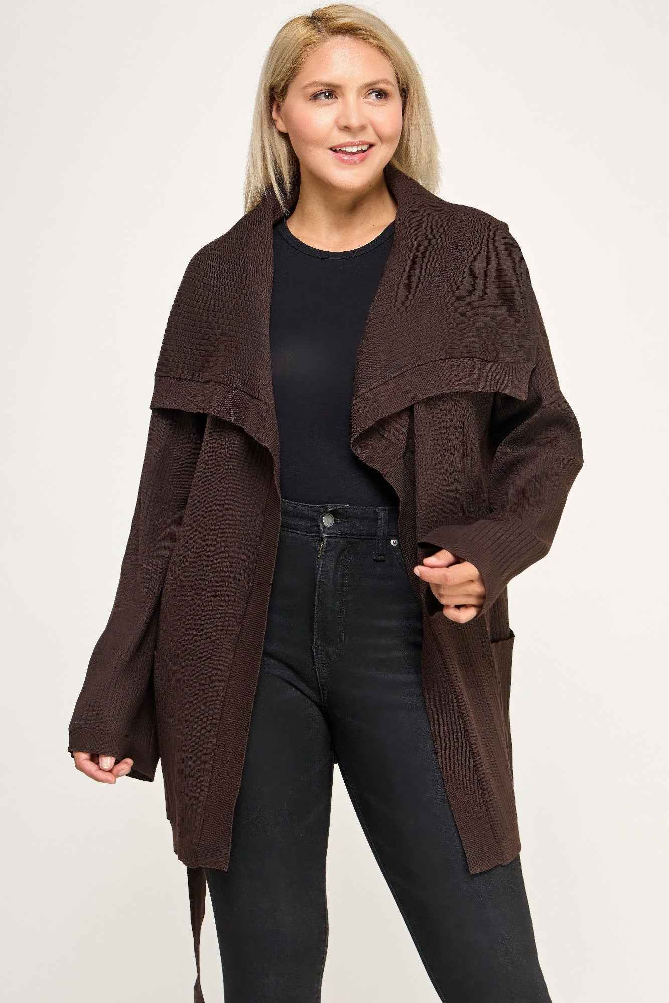 Plus Size Ribbed Wrap Cardigan With Waist Belt - Mr Lou’s Place
