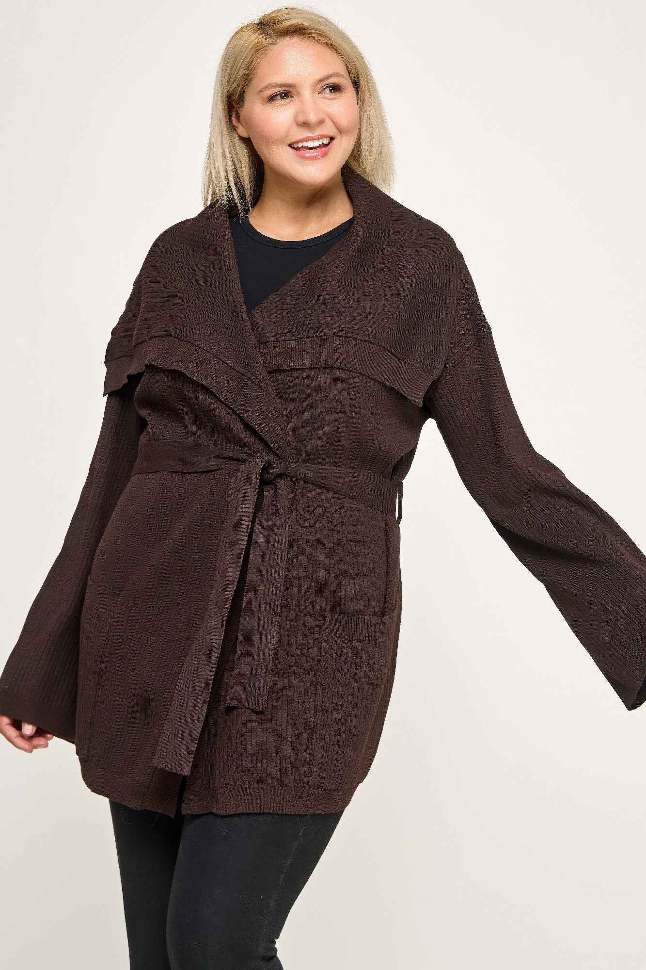 Plus Size Ribbed Wrap Cardigan With Waist Belt - Mr Lou’s Place
