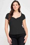 Plus Size Short Sleeve Rib Bow Trim Top - Mr Lou’s Place