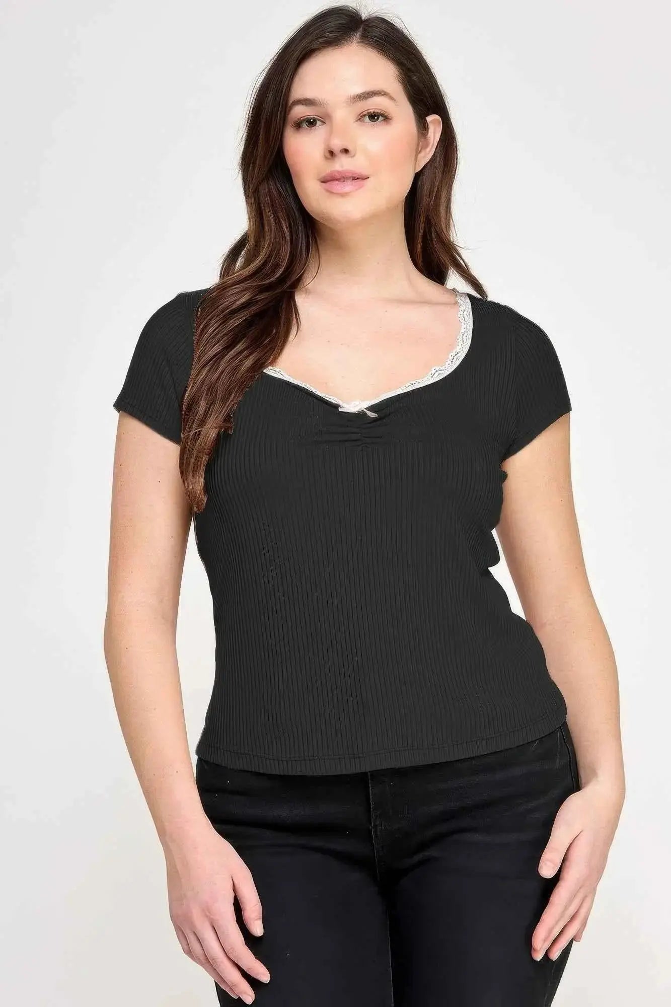 Plus Size Short Sleeve Rib Bow Trim Top - Mr Lou’s Place