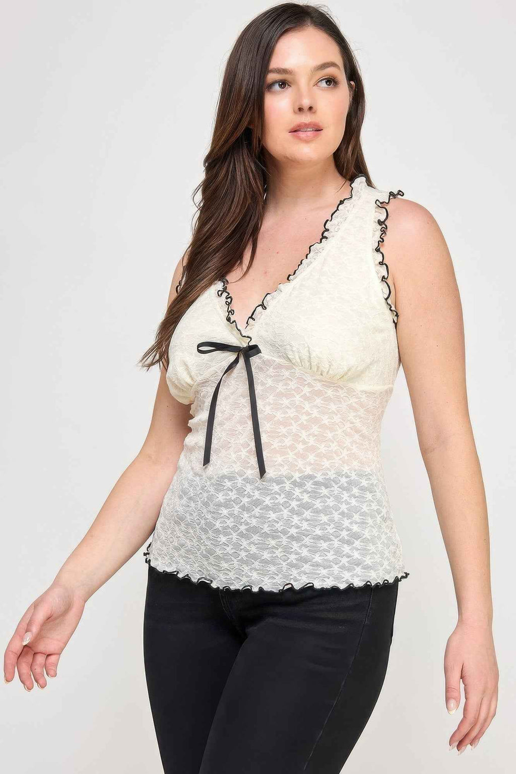 Plus Size Sleeveless Ruffle Lace Bow Tie Front Top - Mr Lou’s Place