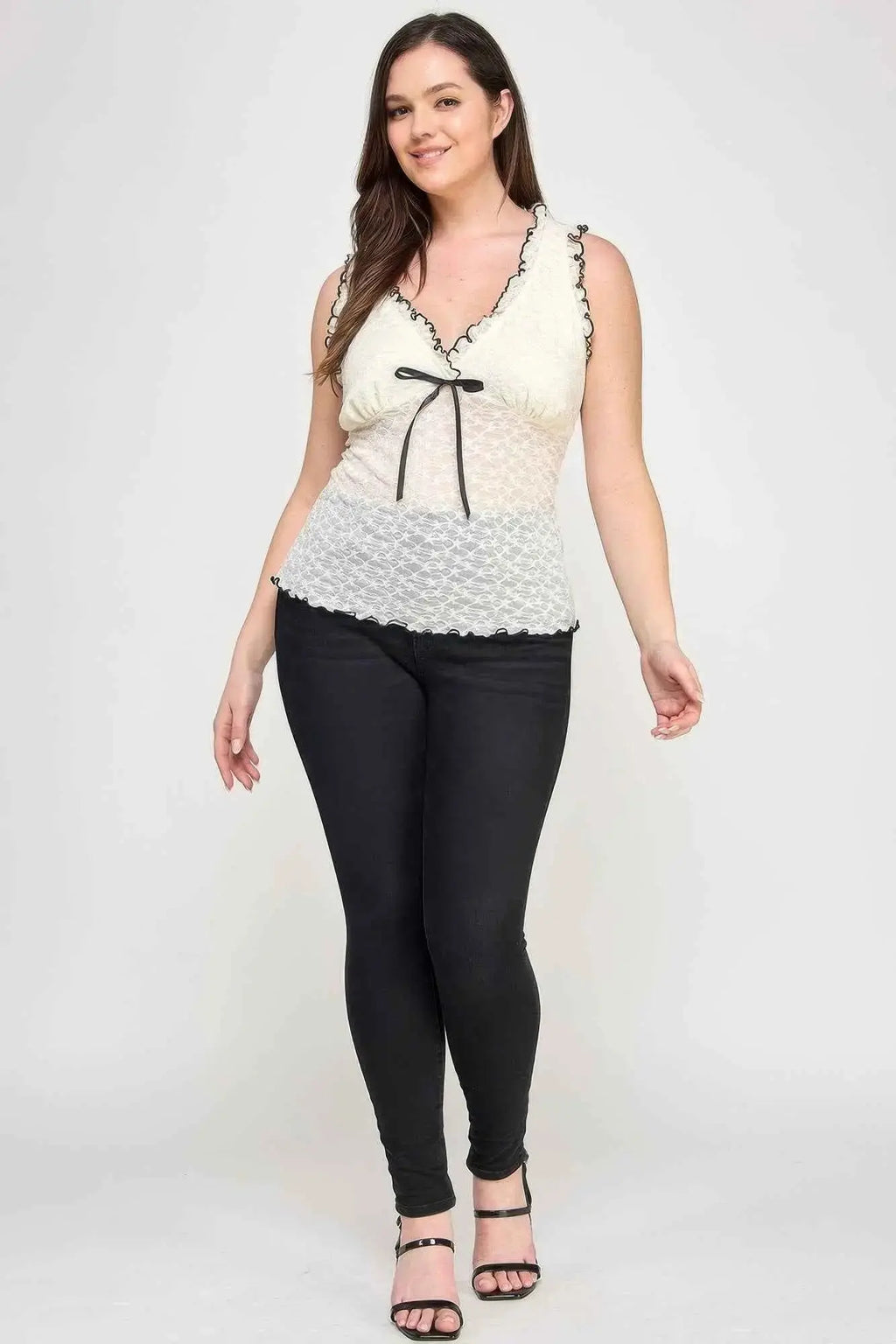 Plus Size Sleeveless Ruffle Lace Bow Tie Front Top - Mr Lou’s Place