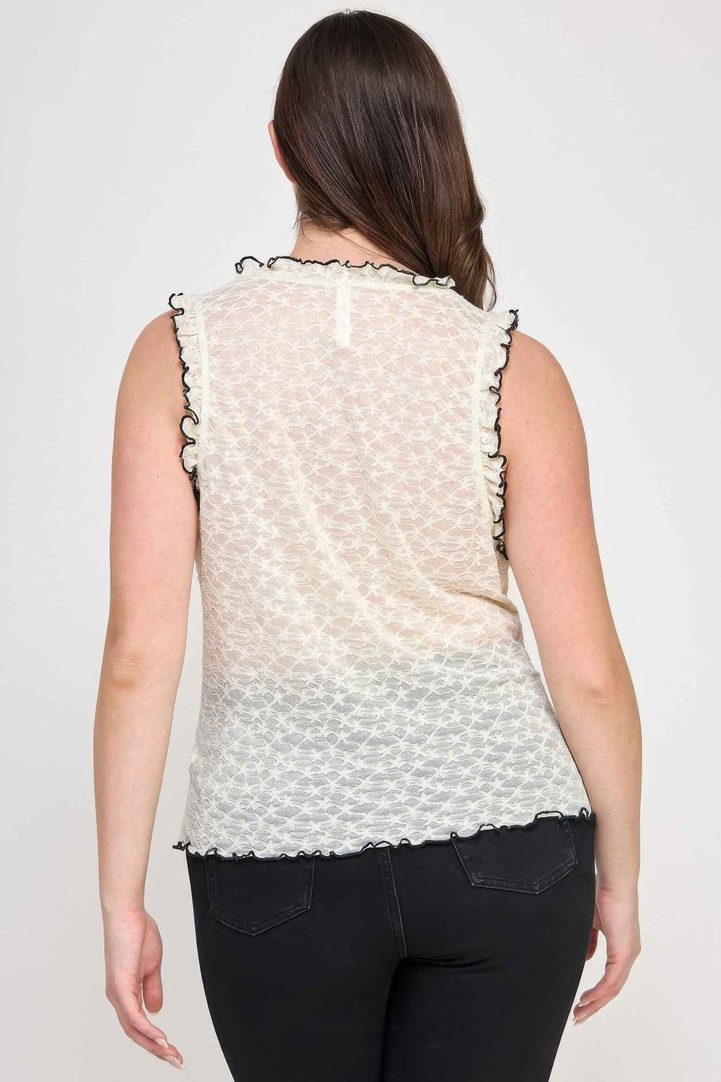 Plus Size Sleeveless Ruffle Lace Bow Tie Front Top - Mr Lou’s Place