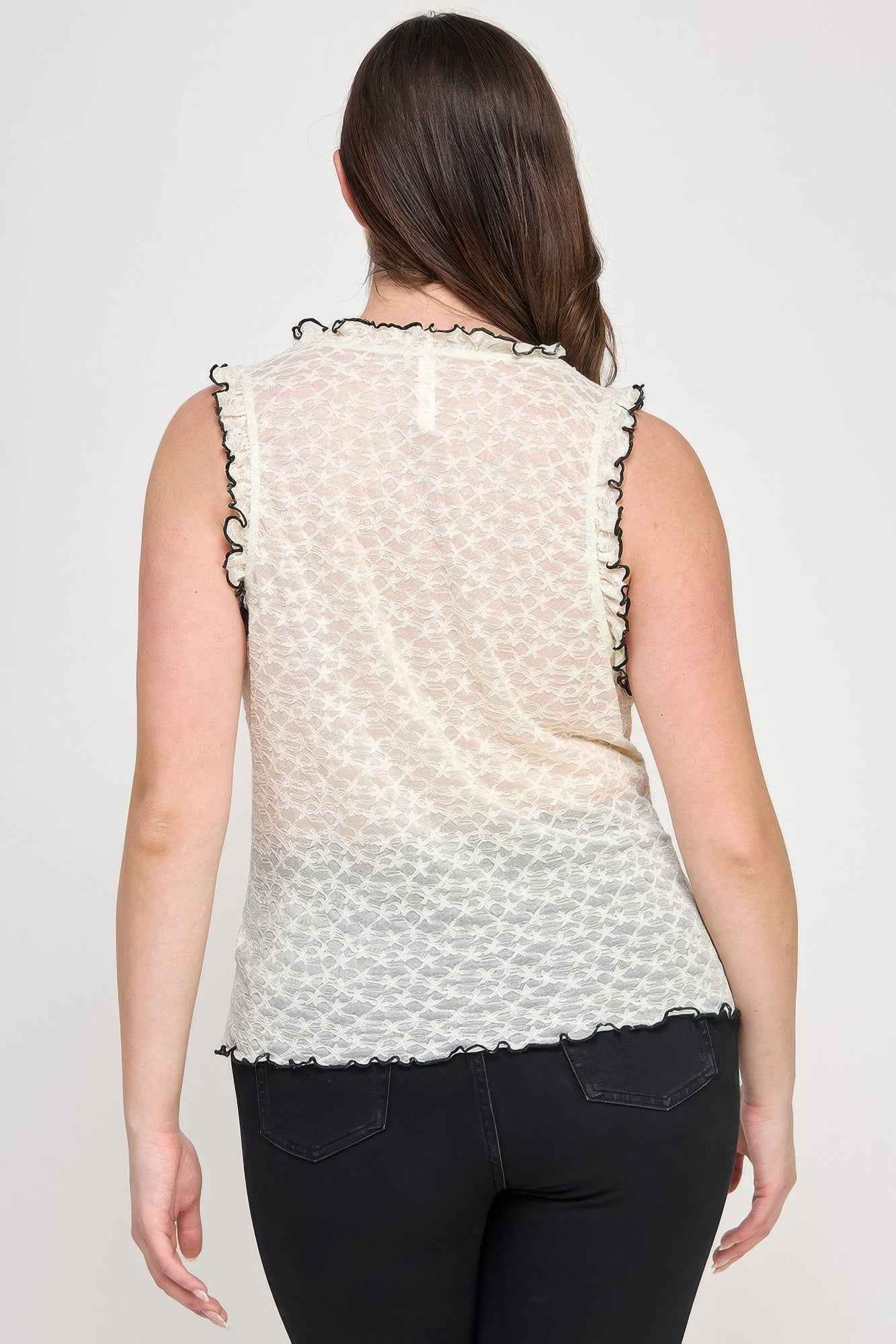 Plus Size Sleeveless Ruffle Lace Bow Tie Front Top - Mr Lou’s Place