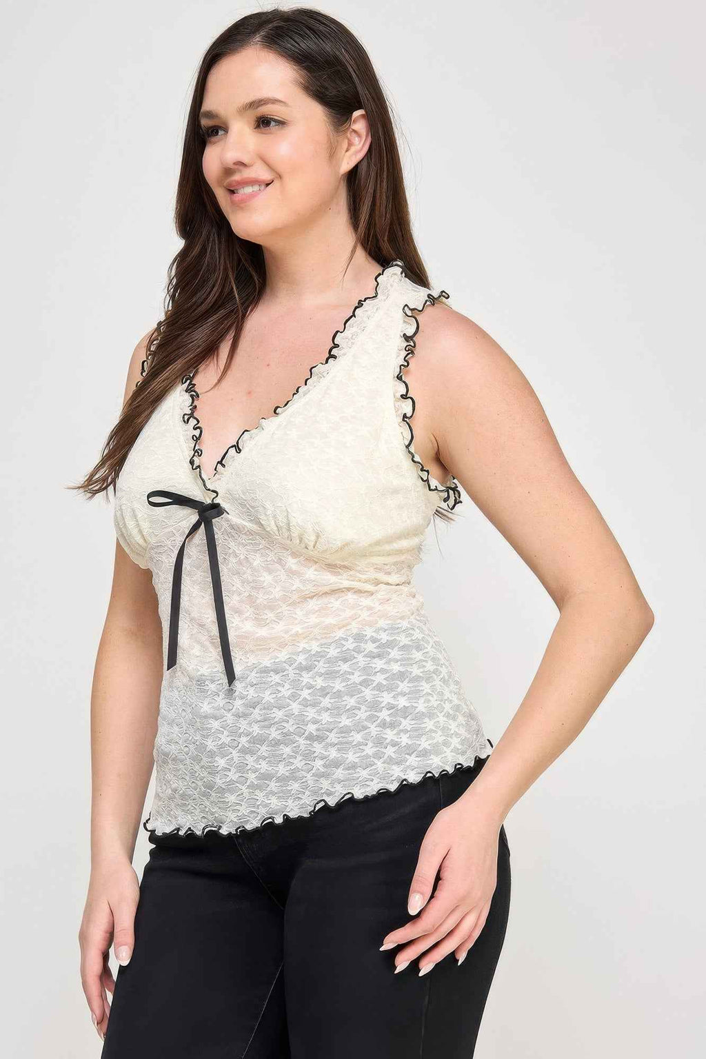 Plus Size Sleeveless Ruffle Lace Bow Tie Front Top - Mr Lou’s Place
