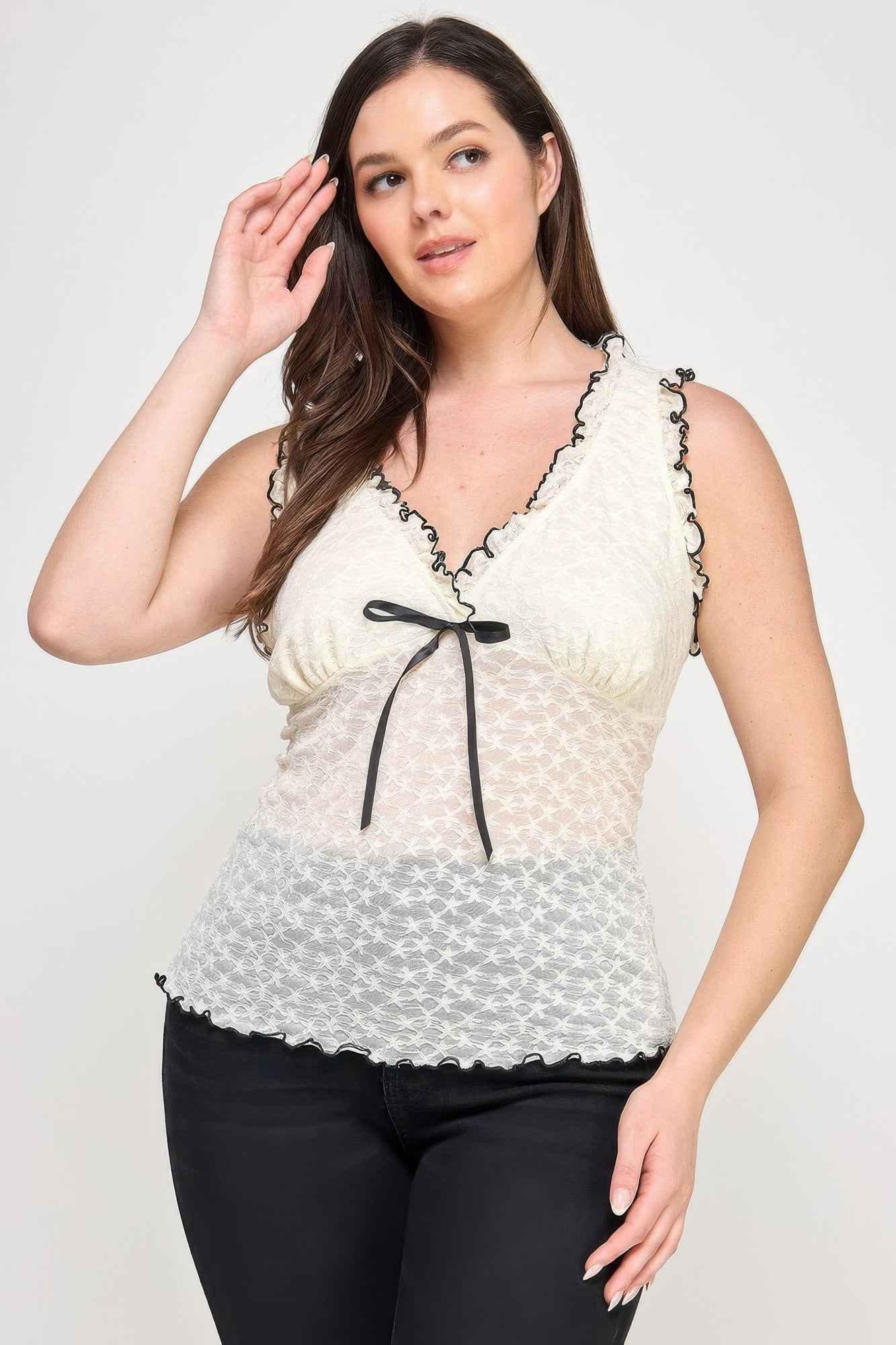 Plus Size Sleeveless Ruffle Lace Bow Tie Front Top - Mr Lou’s Place