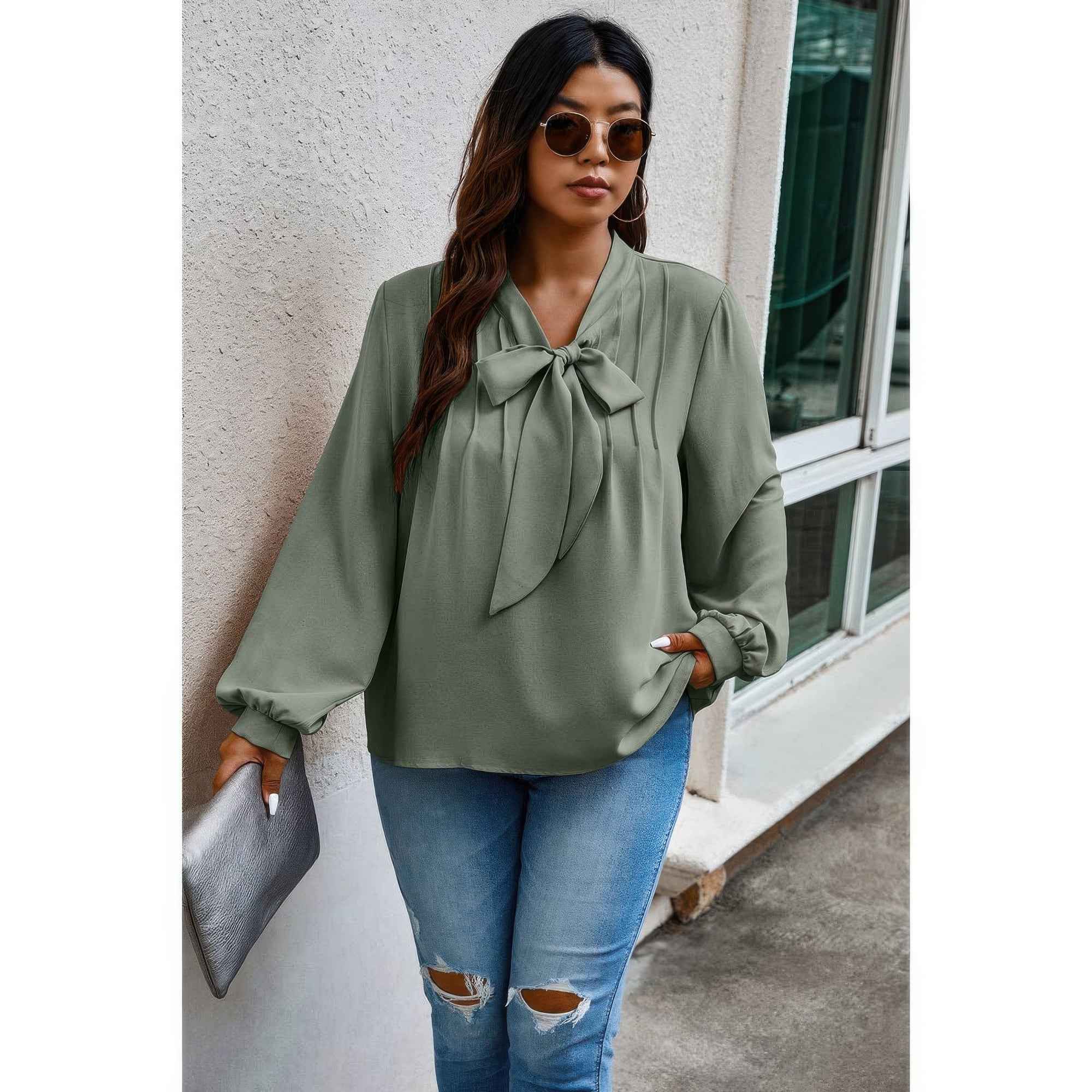 Plus Size Solid Ruched Knot Loose Fit Top - Mr Lou’s Place