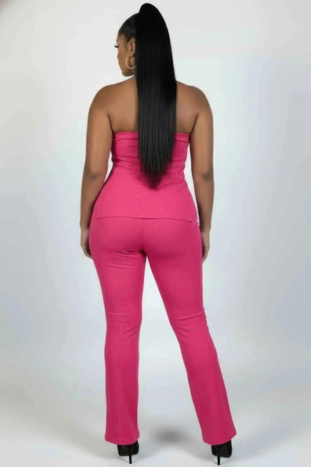 Plus Size Ultra-fine Ribbed Slit Tube Top & High-waist Flare Pants Set - Mr Lou’s Place