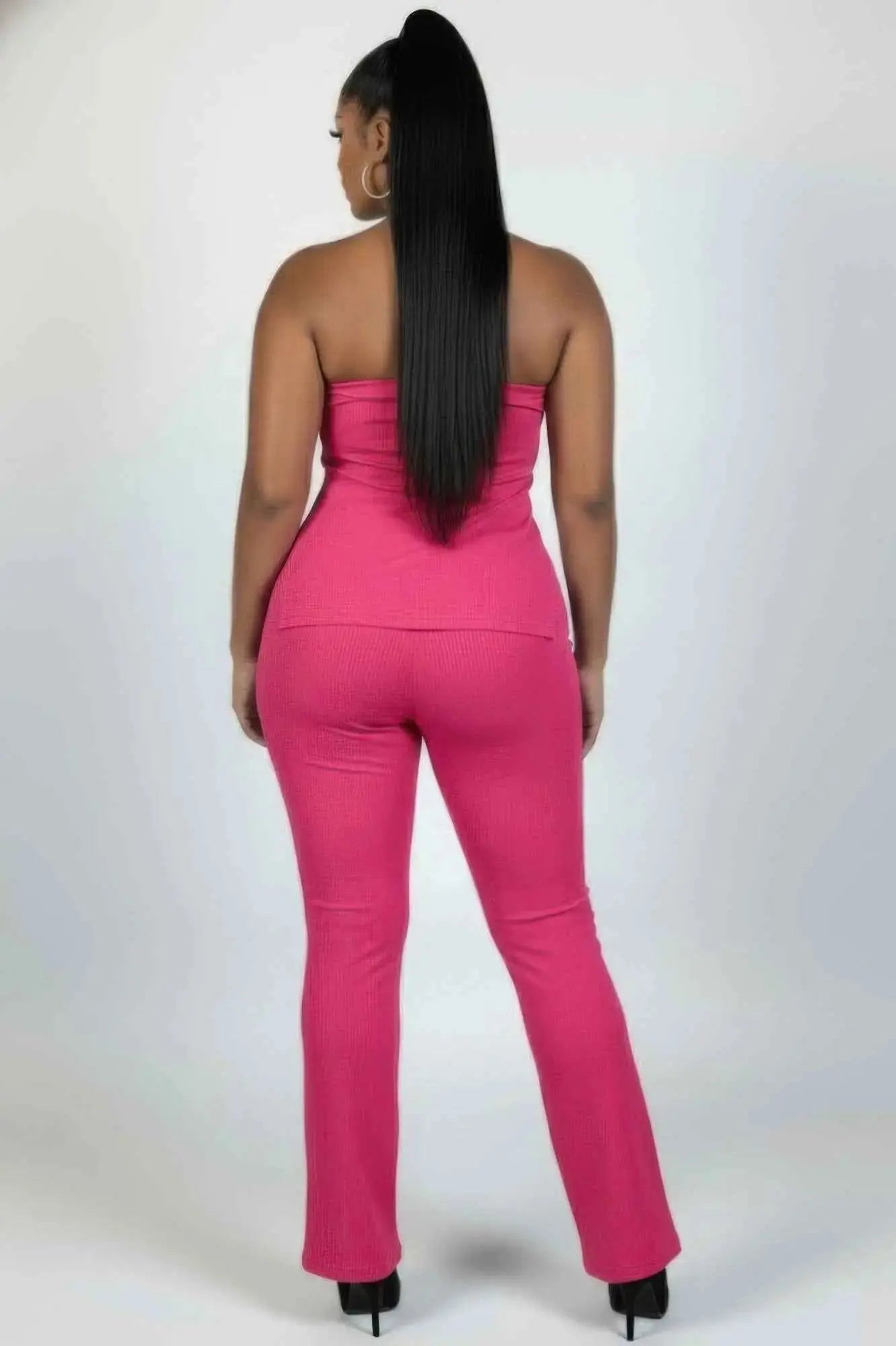 Plus Size Ultra-fine Ribbed Slit Tube Top & High-waist Flare Pants Set - Mr Lou’s Place