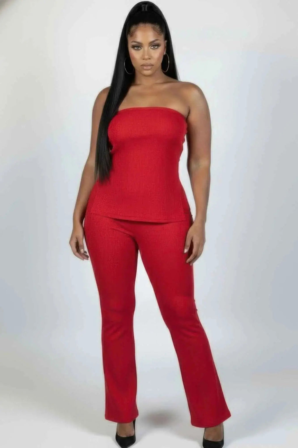Plus Size Ultra-fine Ribbed Slit Tube Top & High-waist Flare Pants Set - Mr Lou’s Place