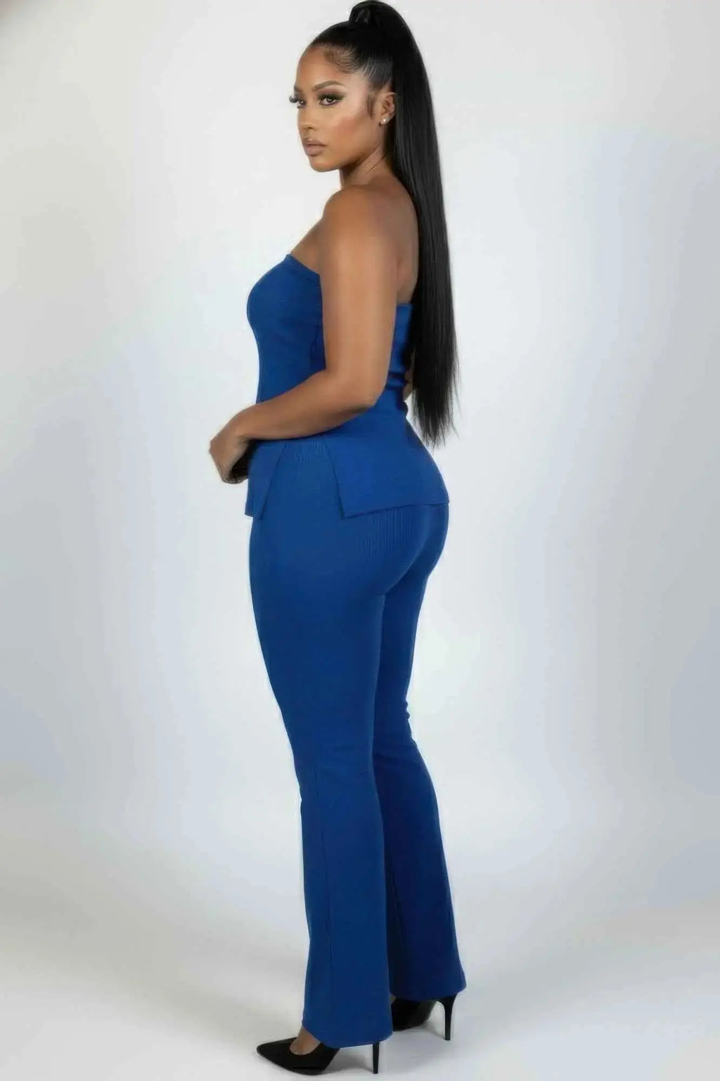 Plus Size Ultra - fine Ribbed Slit Tube Top & High - waist Flare Pants Set - Mr Lou’s Place