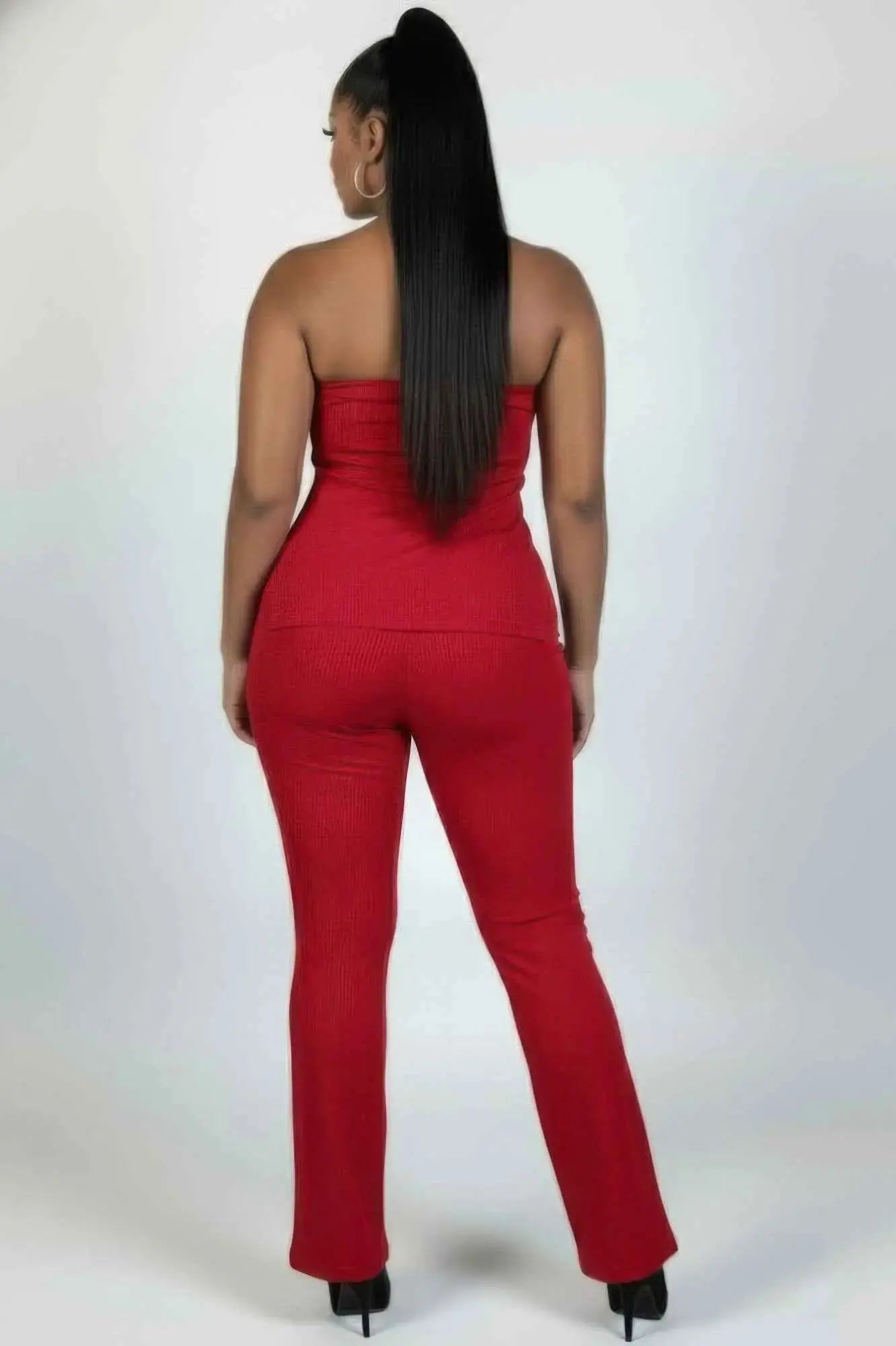 Plus Size Ultra-fine Ribbed Slit Tube Top & High-waist Flare Pants Set - Mr Lou’s Place