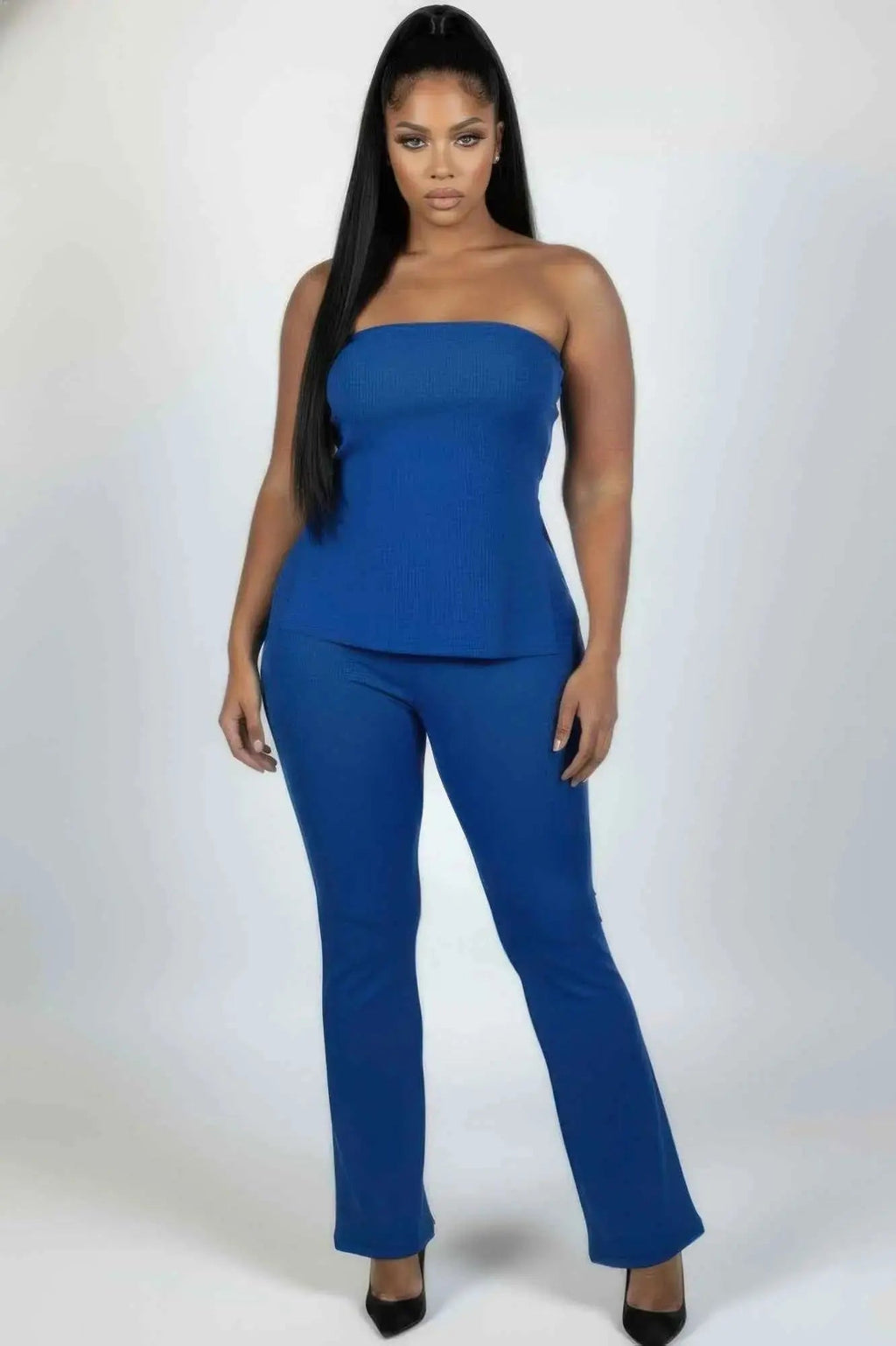 Plus Size Ultra-fine Ribbed Slit Tube Top & High-waist Flare Pants Set - Mr Lou’s Place