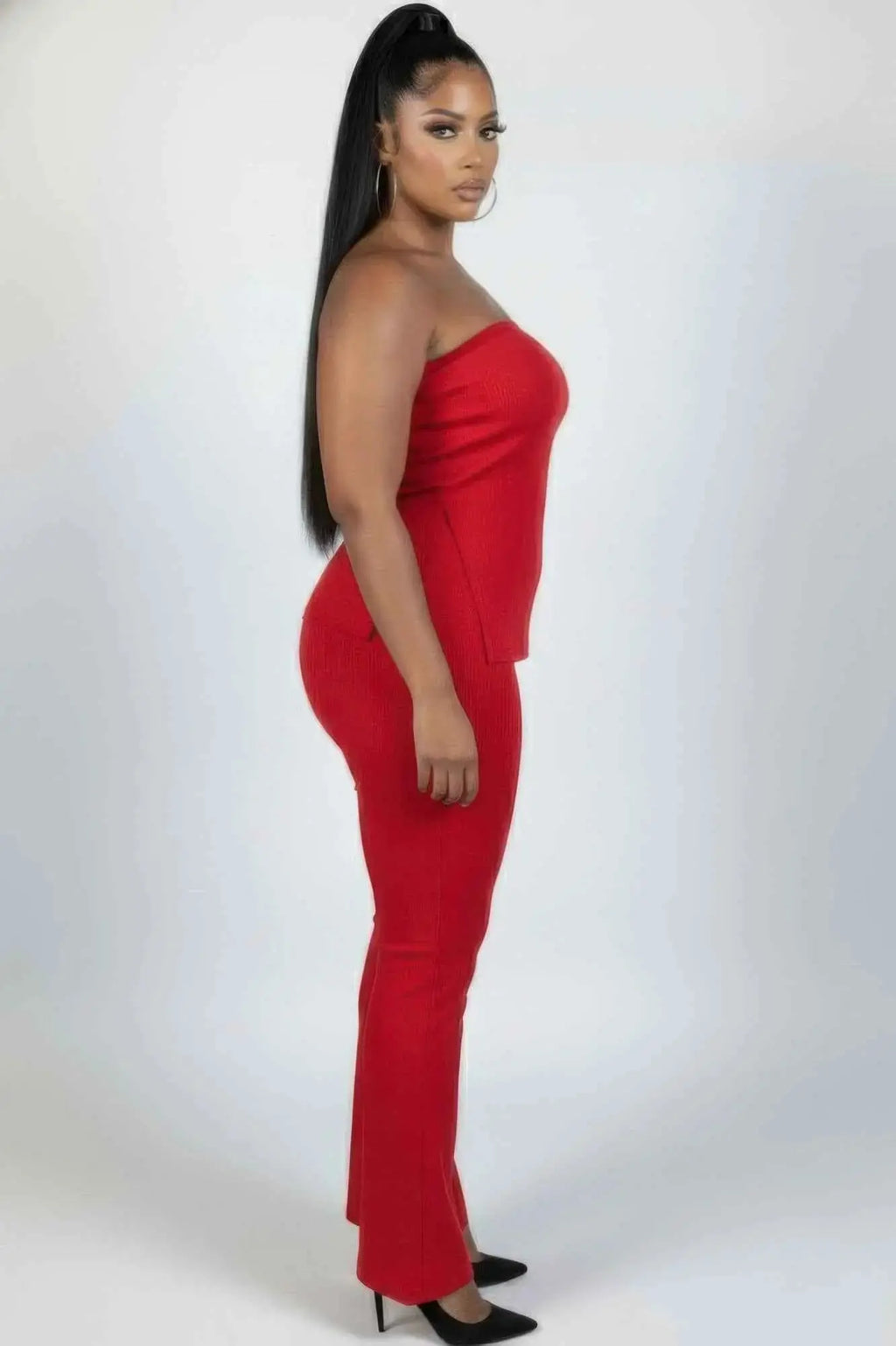 Plus Size Ultra - fine Ribbed Slit Tube Top & High - waist Flare Pants Set - Mr Lou’s Place