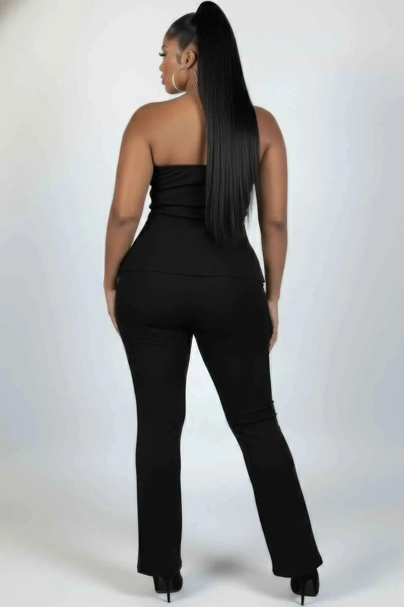 Plus Size Ultra-fine Ribbed Slit Tube Top & High-waist Flare Pants Set - Mr Lou’s Place