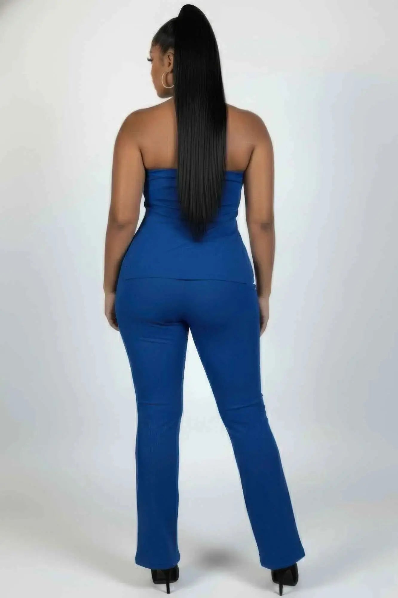 Plus Size Ultra-fine Ribbed Slit Tube Top & High-waist Flare Pants Set - Mr Lou’s Place