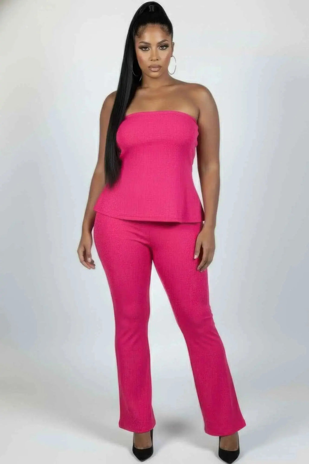 Plus Size Ultra - fine Ribbed Slit Tube Top & High - waist Flare Pants Set - Mr Lou’s Place