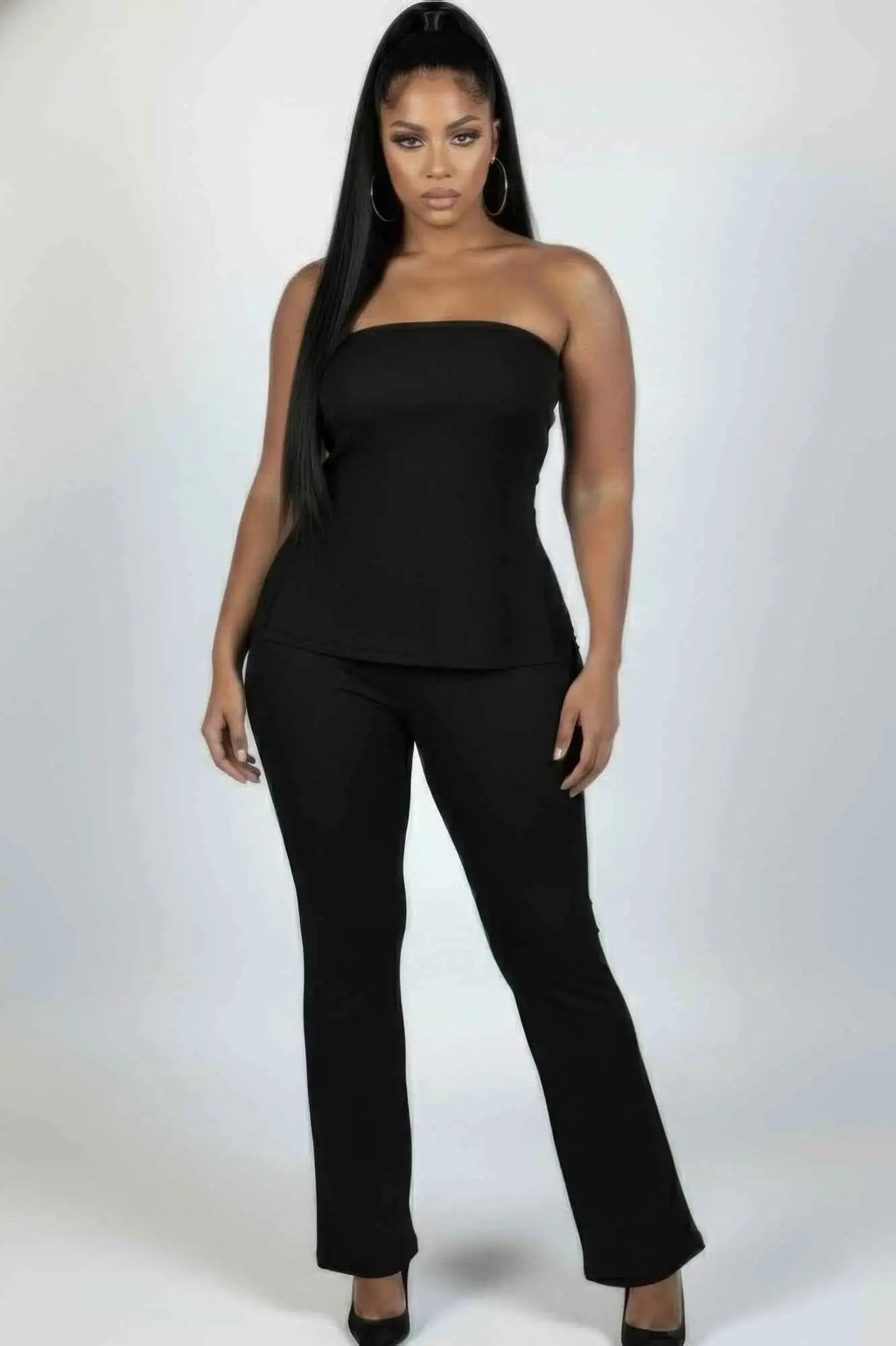 Plus Size Ultra - fine Ribbed Slit Tube Top & High - waist Flare Pants Set - Mr Lou’s Place