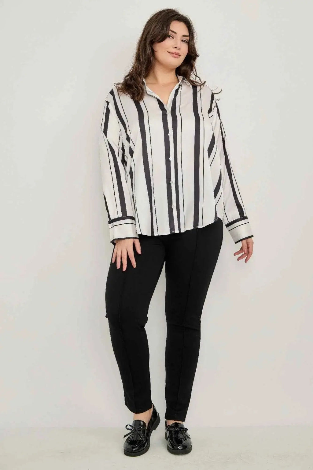 Plus Size Vertical Stripe Button Down Blouse - Mr Lou’s Place