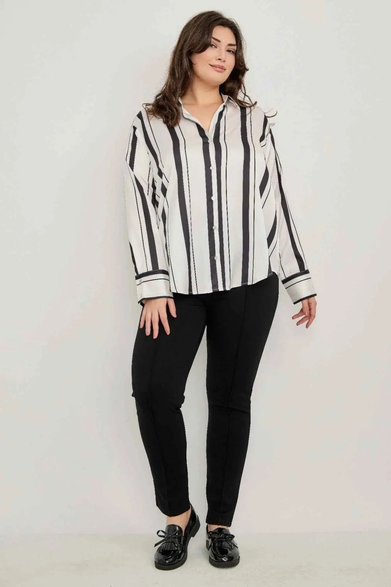 Plus Size Vertical Stripe Button Down Blouse - Mr Lou’s Place