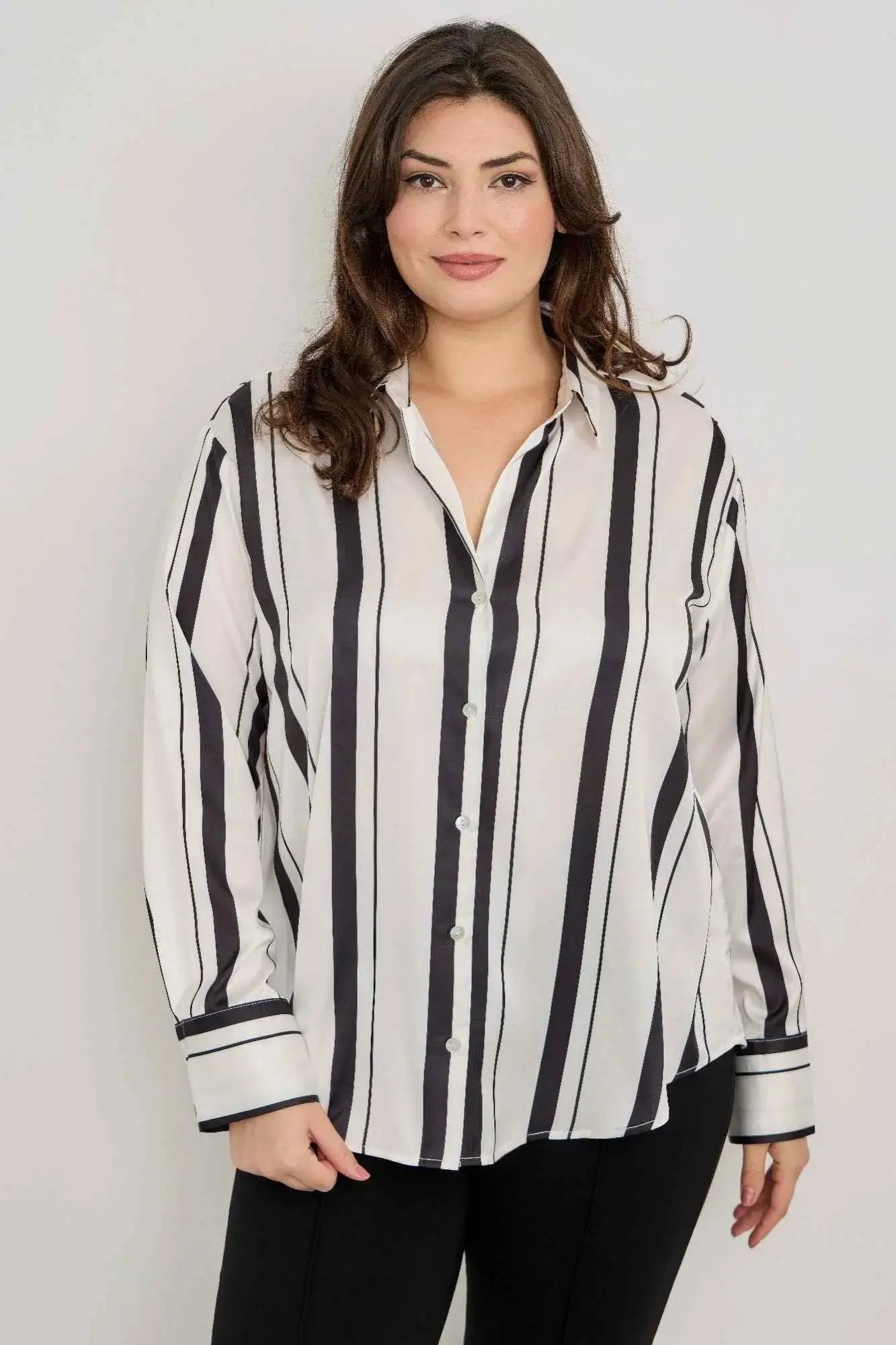 Plus Size Vertical Stripe Button Down Blouse - Mr Lou’s Place