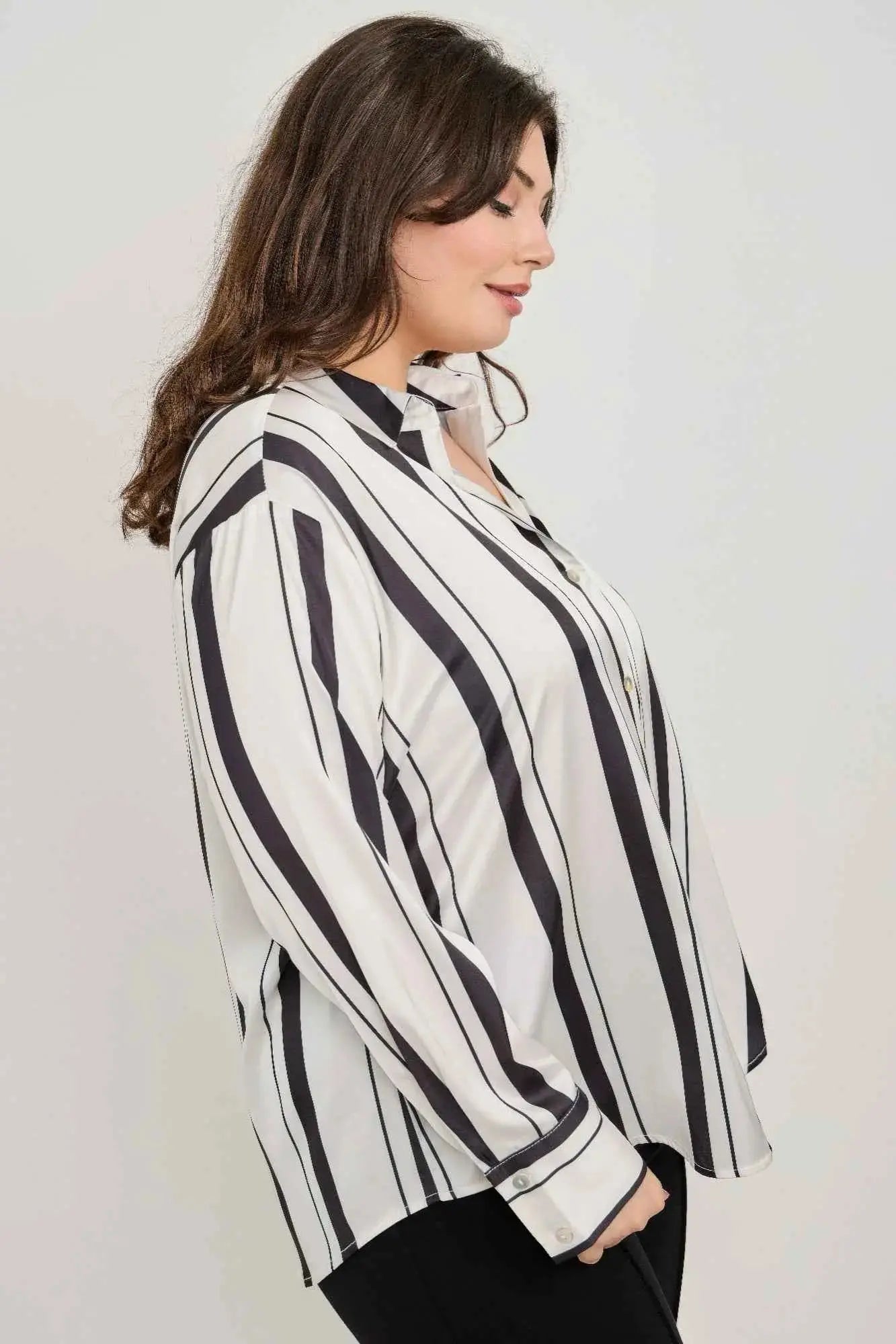 Plus Size Vertical Stripe Button Down Blouse - Mr Lou’s Place