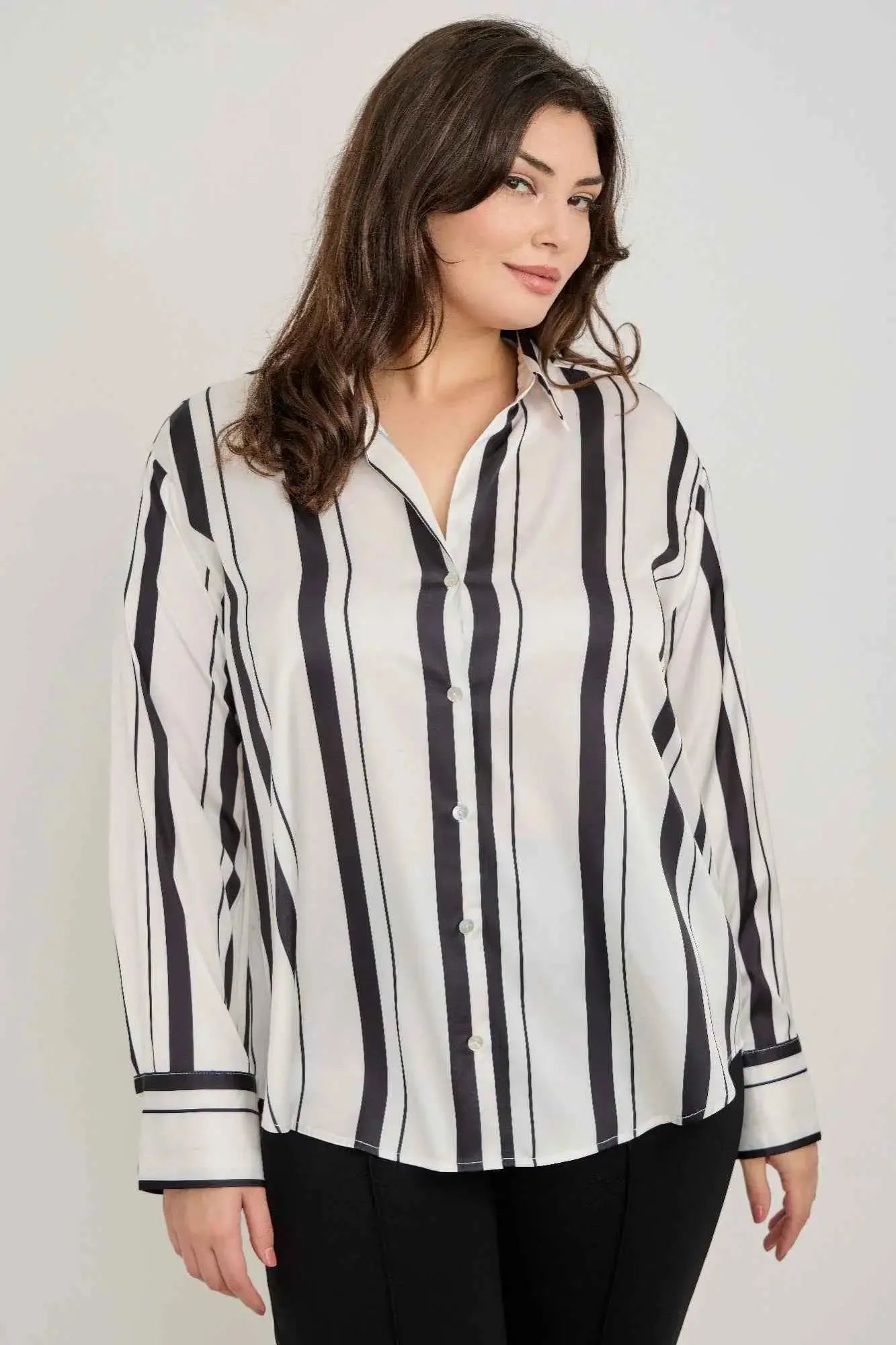 Plus Size Vertical Stripe Button Down Blouse - Mr Lou’s Place