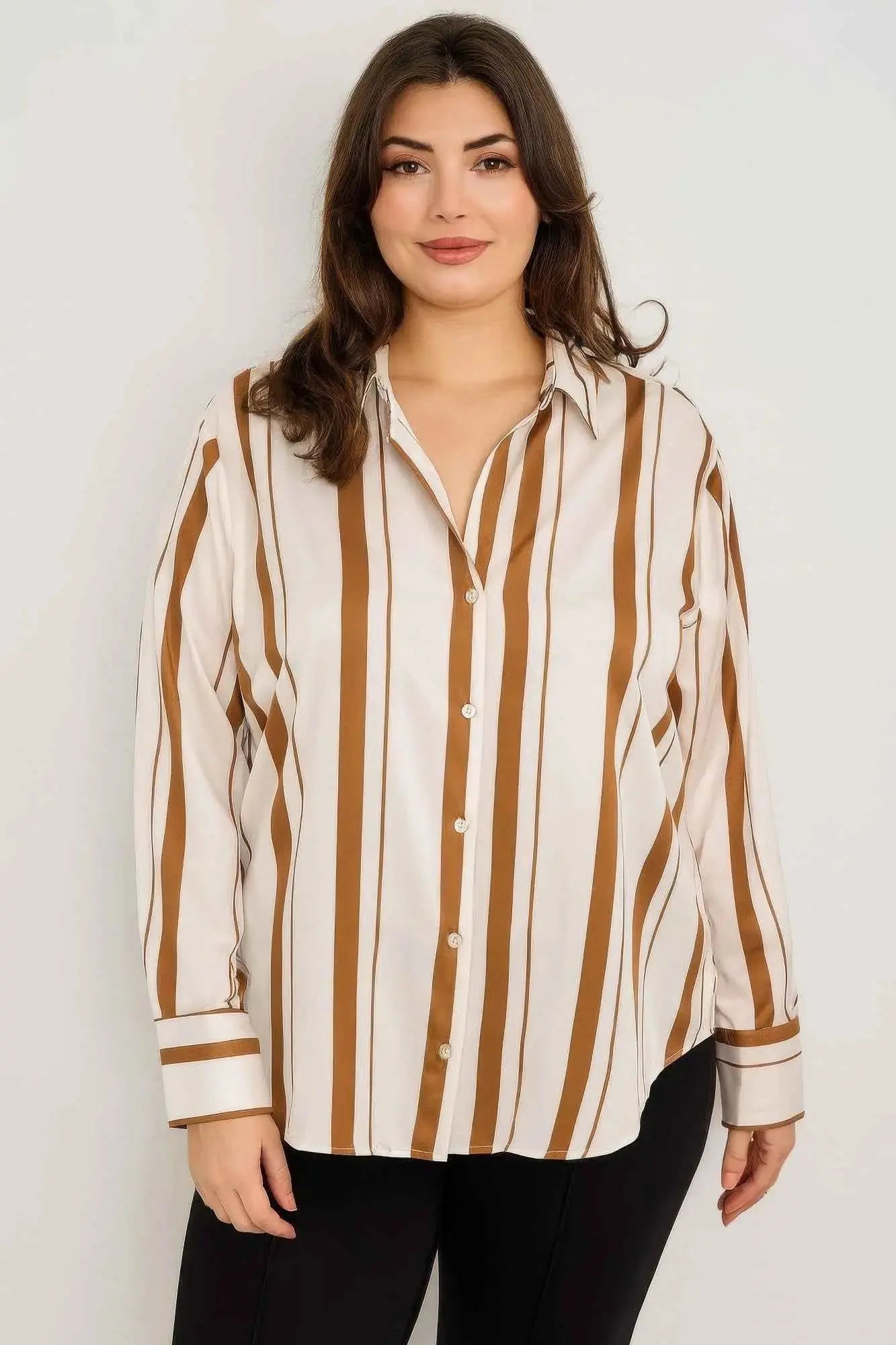 Plus Size Vertical Stripe Button Down Blouse - Mr Lou’s Place