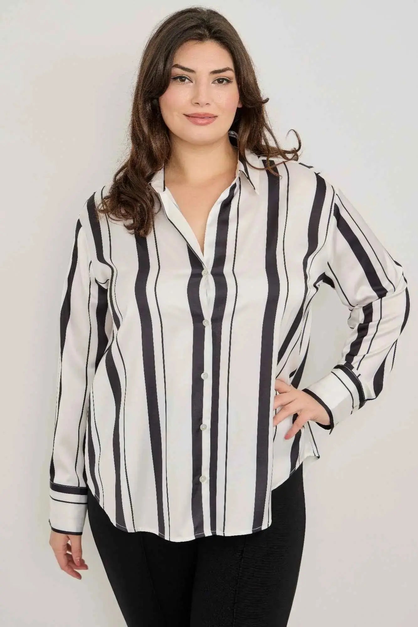 Plus Size Vertical Stripe Button Down Blouse - Mr Lou’s Place
