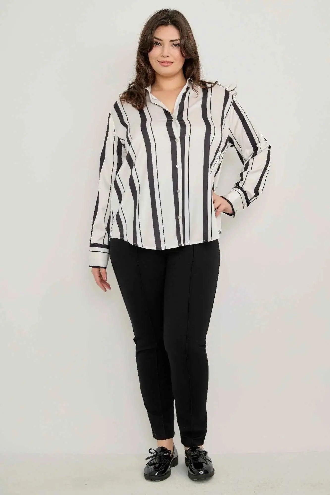 Plus Size Vertical Stripe Button Down Blouse - Mr Lou’s Place