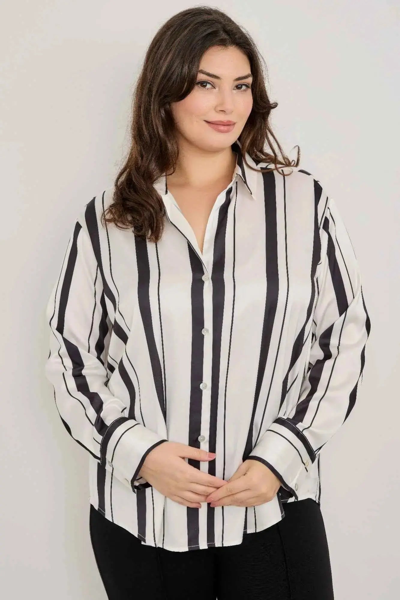 Plus Size Vertical Stripe Button Down Blouse - Mr Lou’s Place