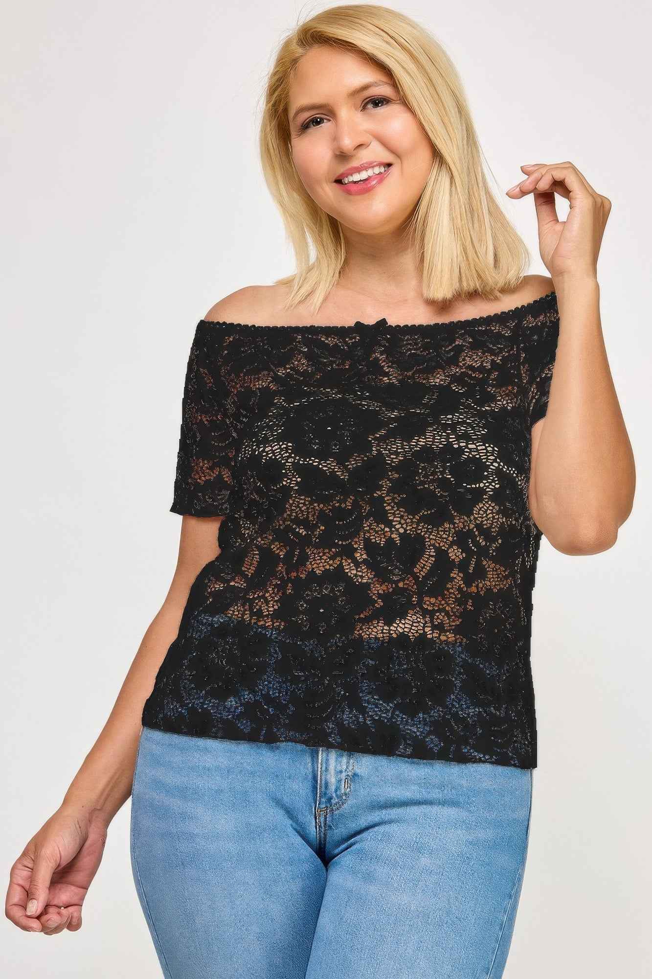 Plus Sized Off The Shoulder Lace Scallop Edge Top - Mr Lou’s Place