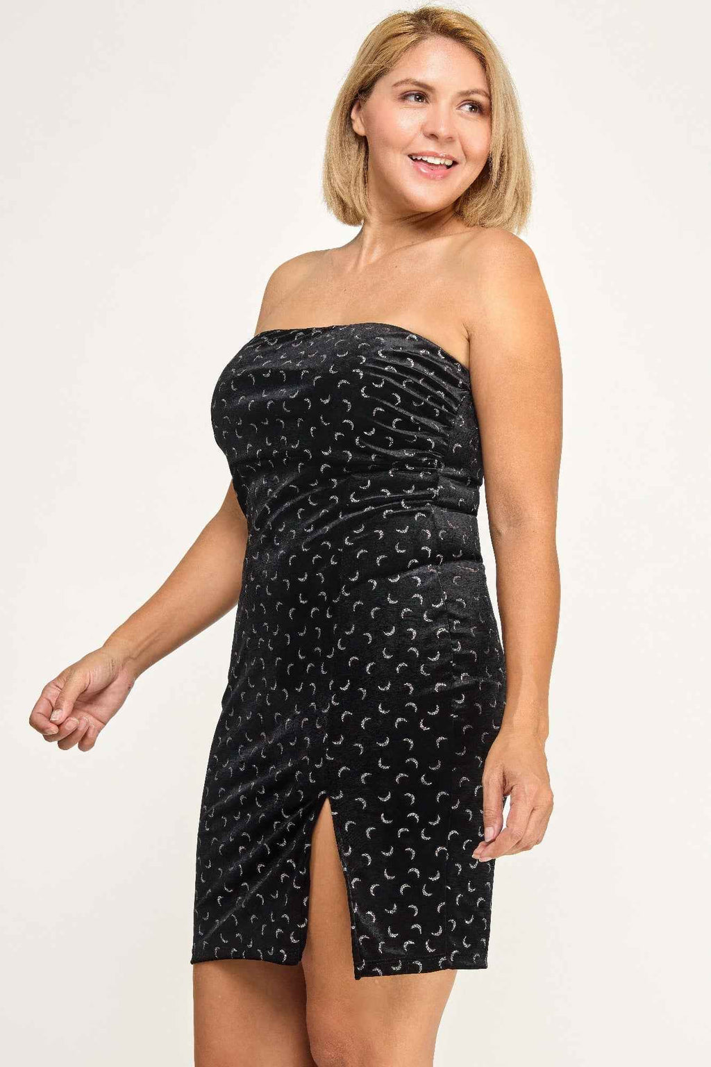 Plus Velvet Strapless Dress W/ Metal Crescent Det - Mr Lou’s Place