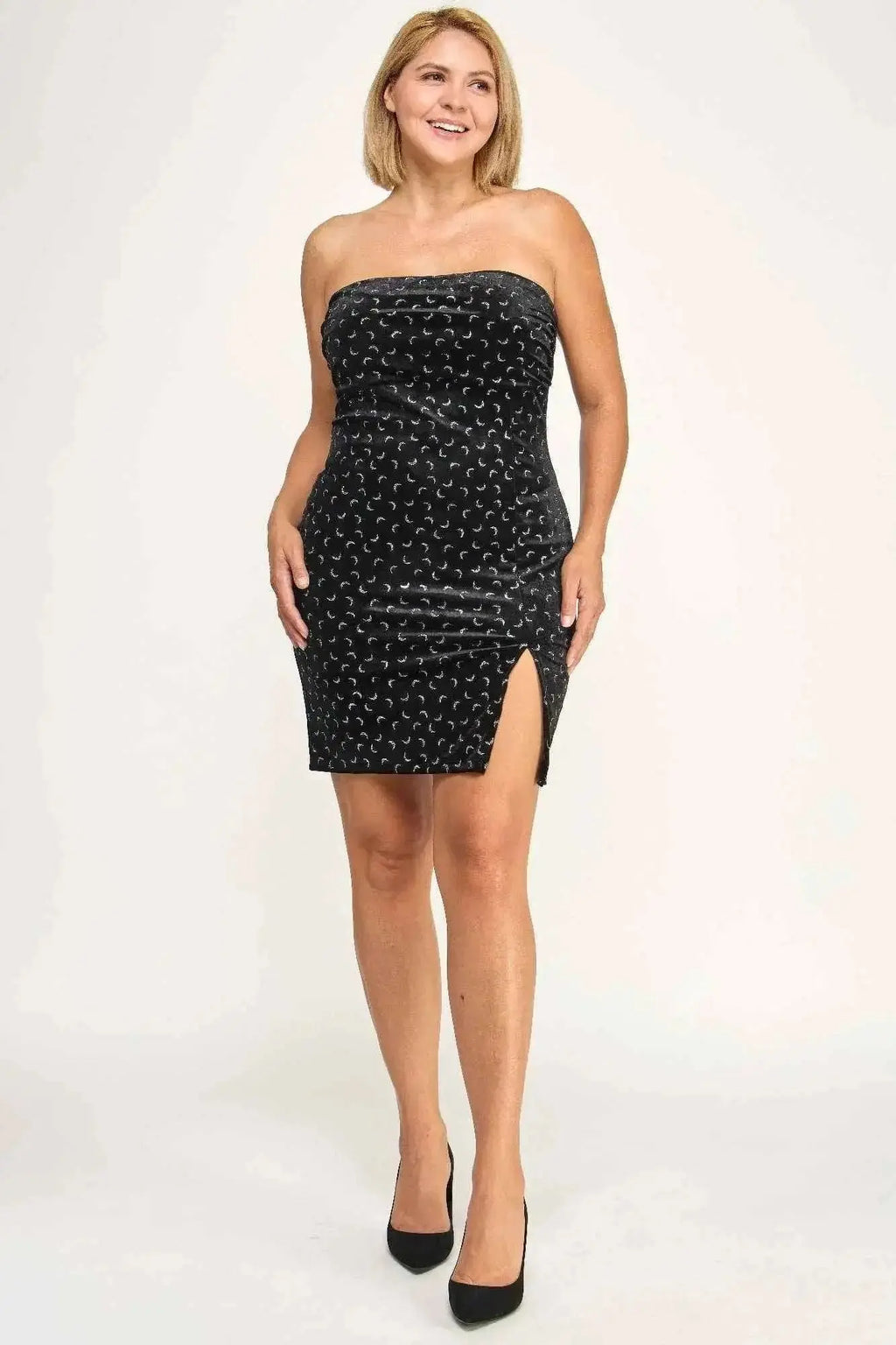 Plus Velvet Strapless Dress W/ Metal Crescent Det - Mr Lou’s Place