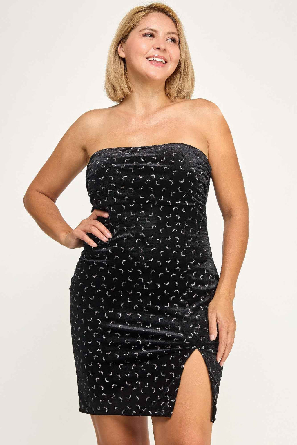 Plus Velvet Strapless Dress W/ Metal Crescent Det - Mr Lou’s Place