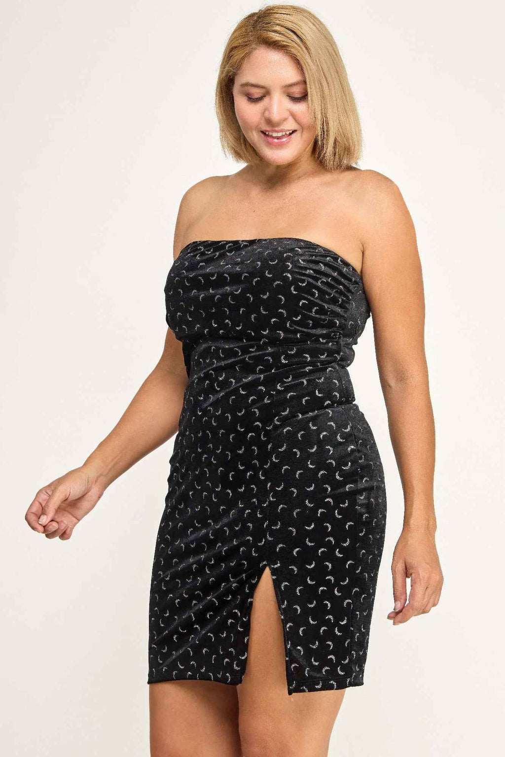 Plus Velvet Strapless Dress W/ Metal Crescent Det - Mr Lou’s Place