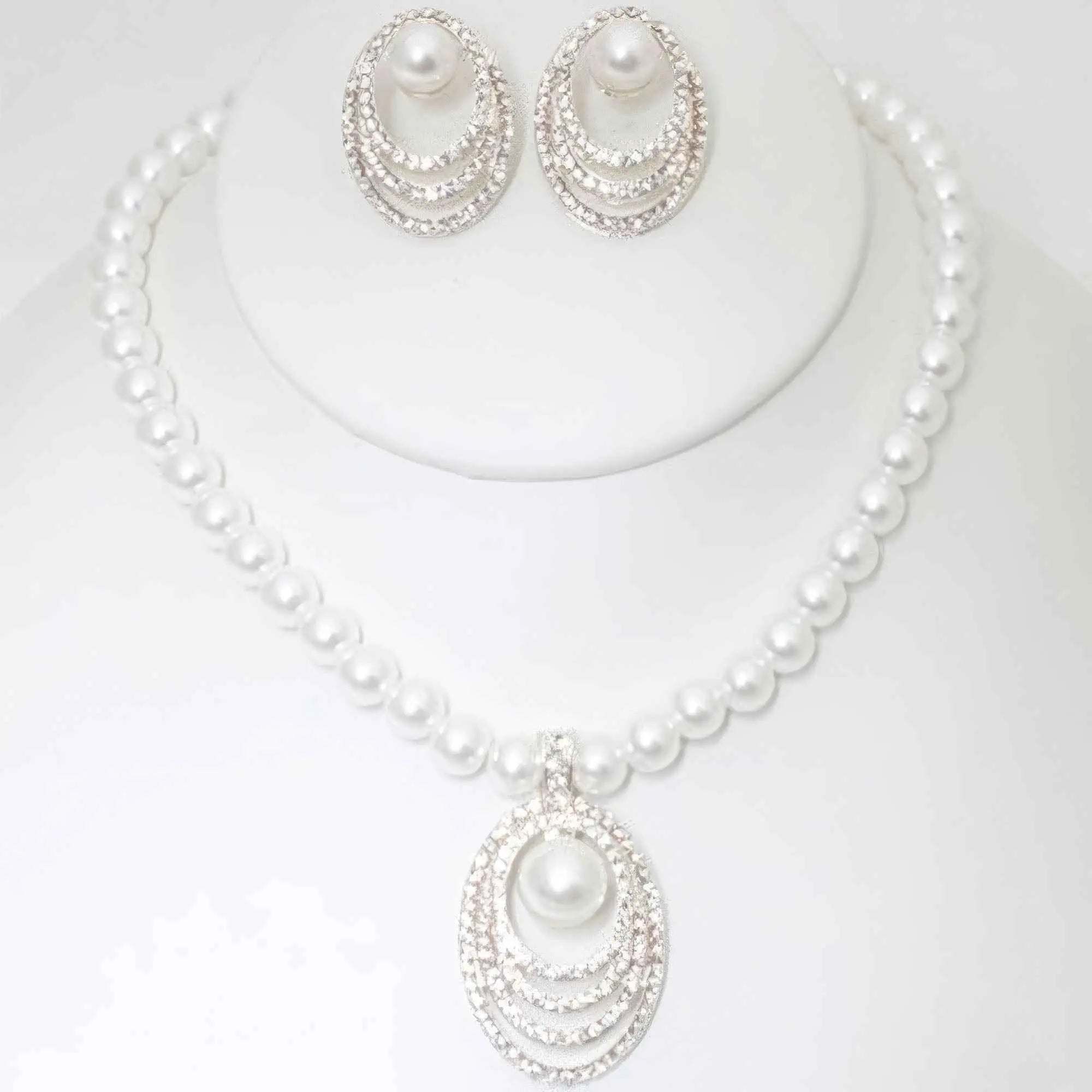 Rhinestone Pearl Necklace And Earring Set - Mr Lou’s Place