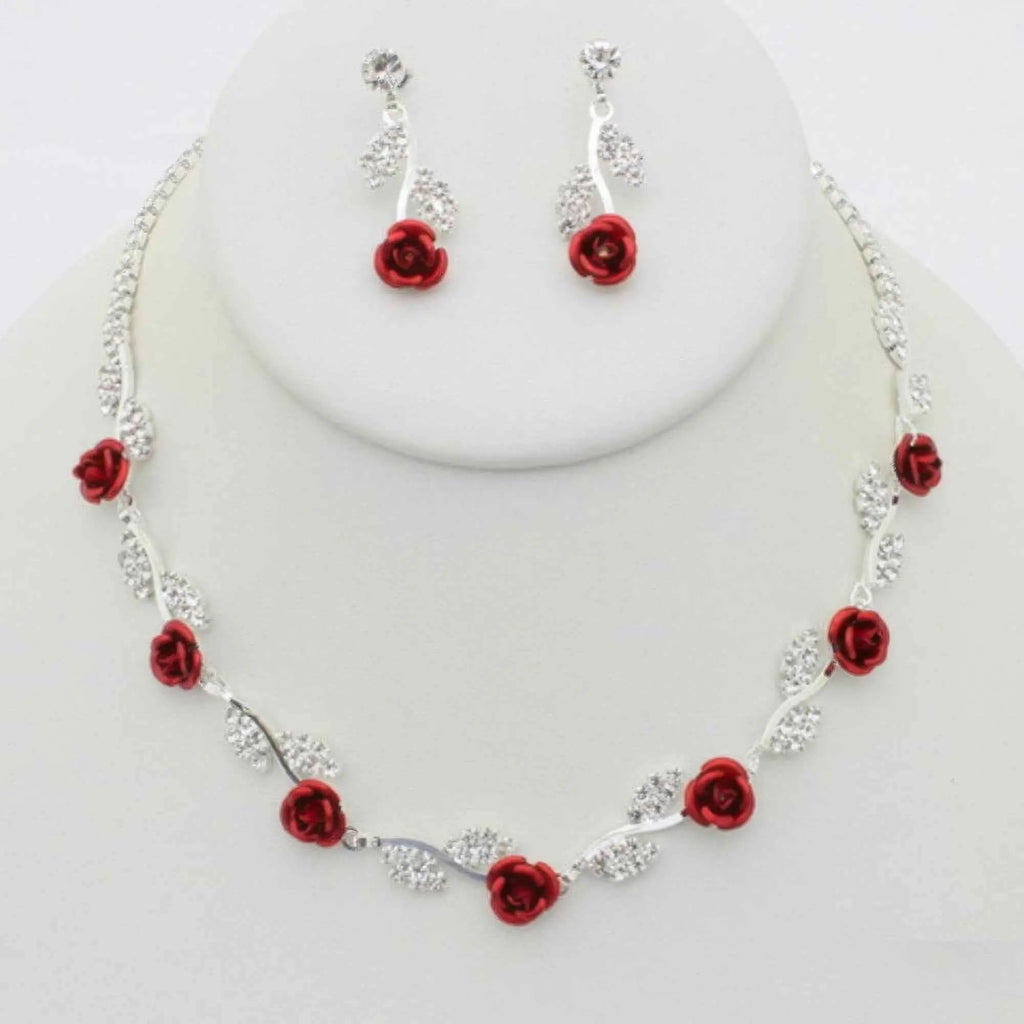 Rhinestone Rose Necklace Earring Set - Mr Lou’s Place