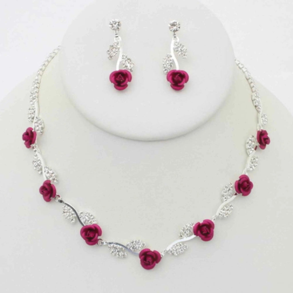 Rhinestone Rose Necklace Earring Set - Mr Lou’s Place