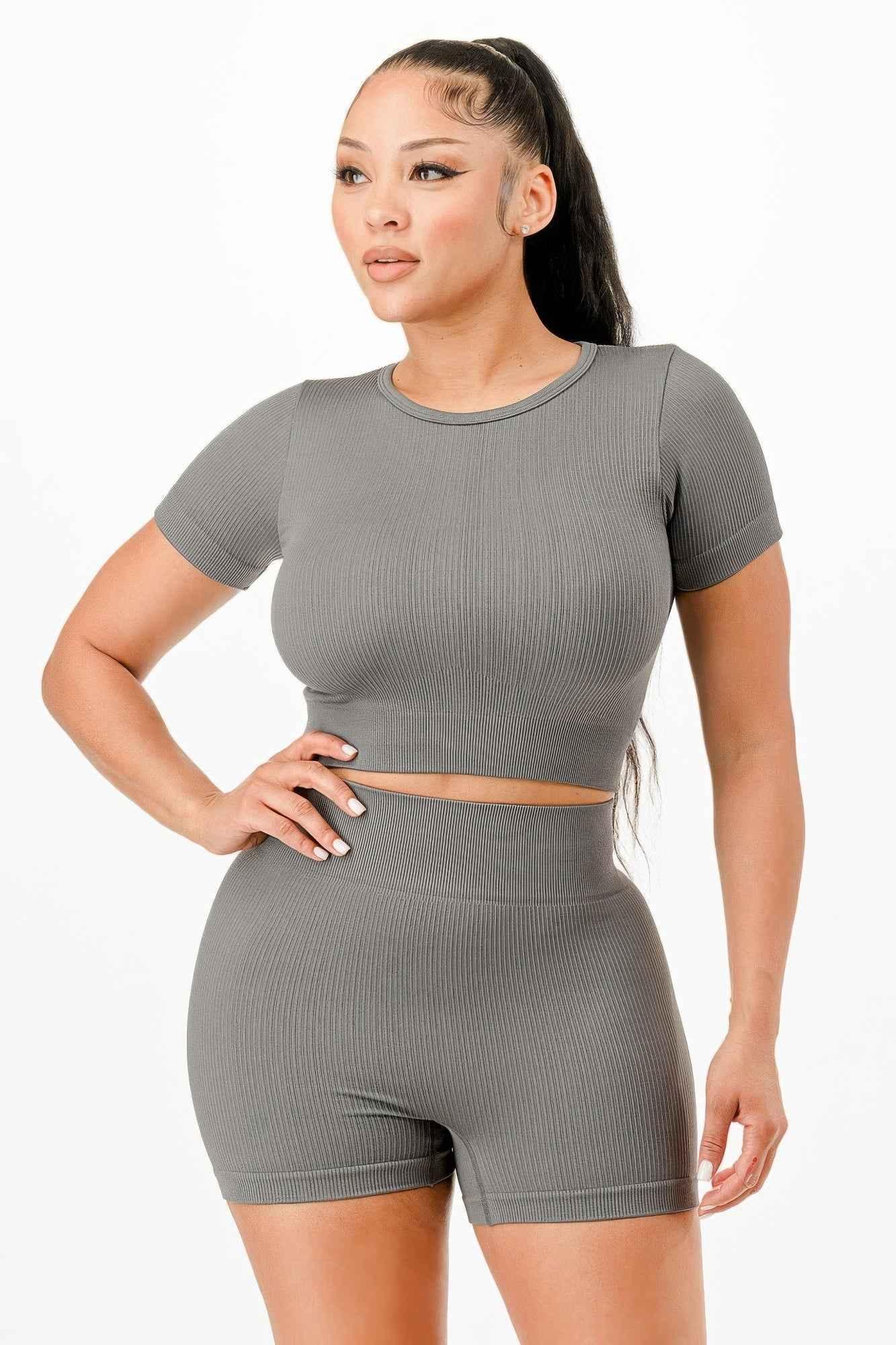 Ribbed Seamless T-shirt And Bike Shorts Set - Mr Lou’s Place