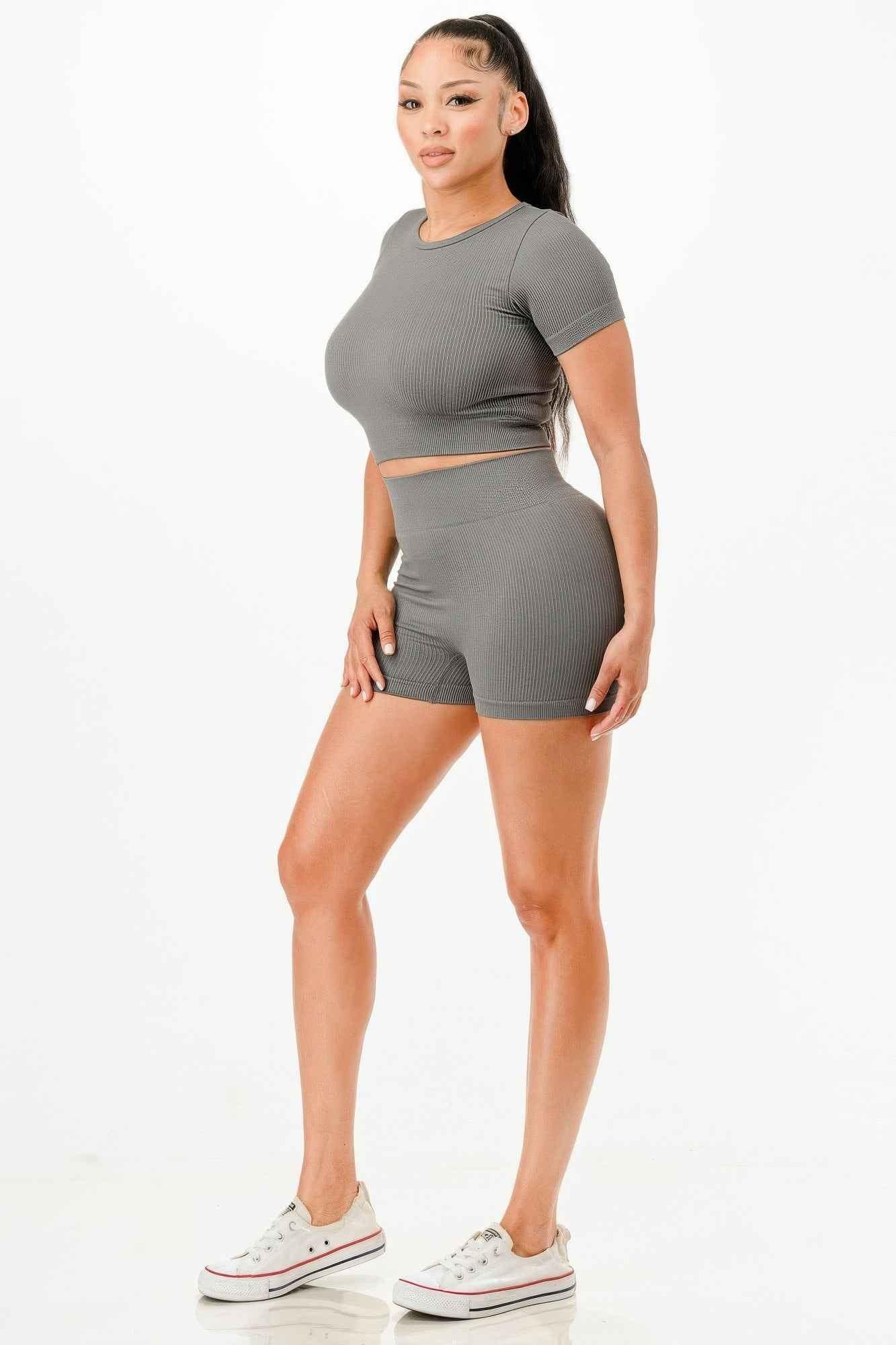Ribbed Seamless T-shirt And Bike Shorts Set - Mr Lou’s Place