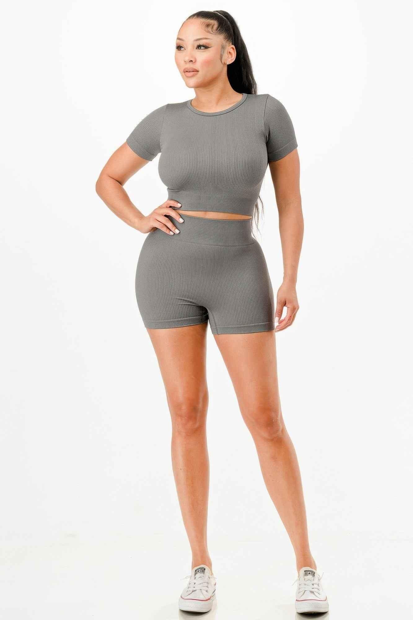 Ribbed Seamless T-shirt And Bike Shorts Set - Mr Lou’s Place