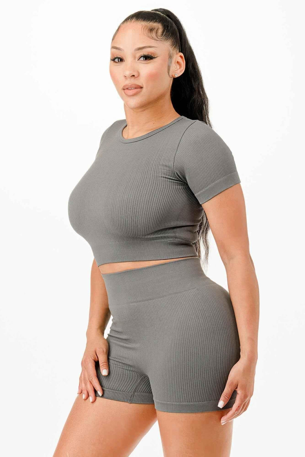 Ribbed Seamless T-shirt And Bike Shorts Set - Mr Lou’s Place
