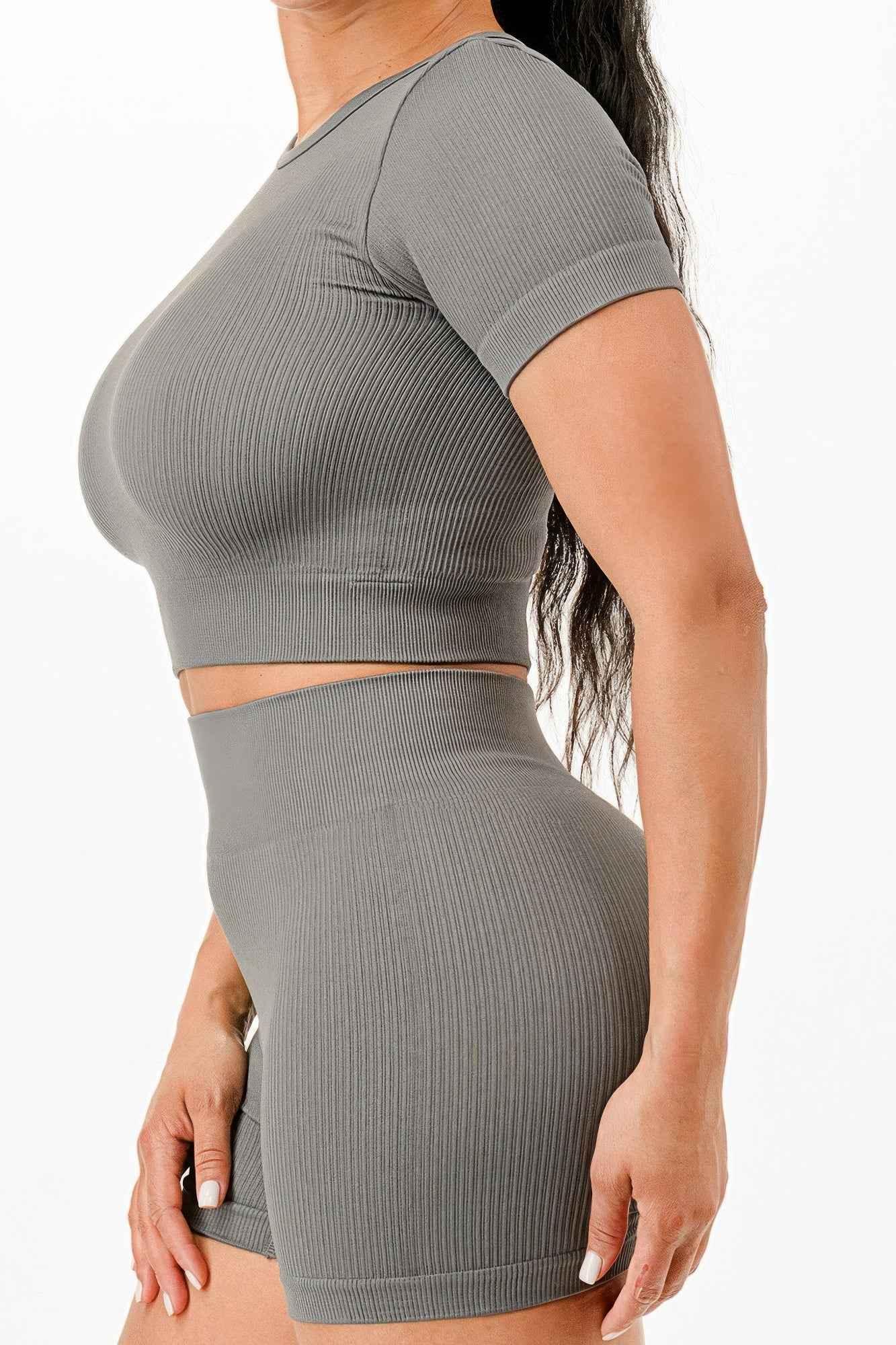 Ribbed Seamless T-shirt And Bike Shorts Set - Mr Lou’s Place