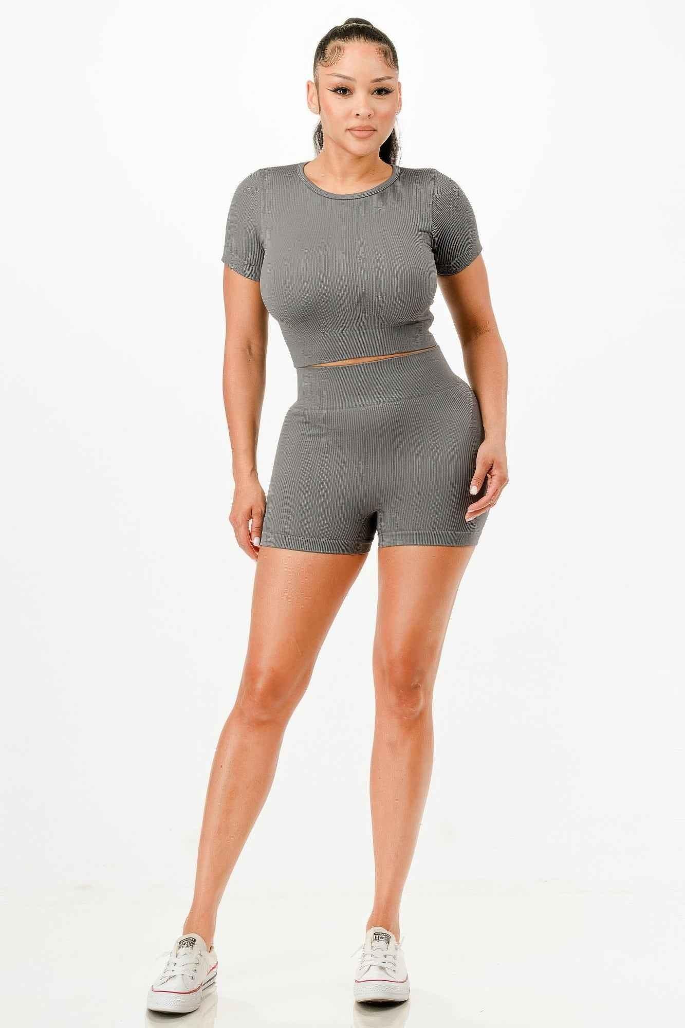 Ribbed Seamless T-shirt And Bike Shorts Set - Mr Lou’s Place