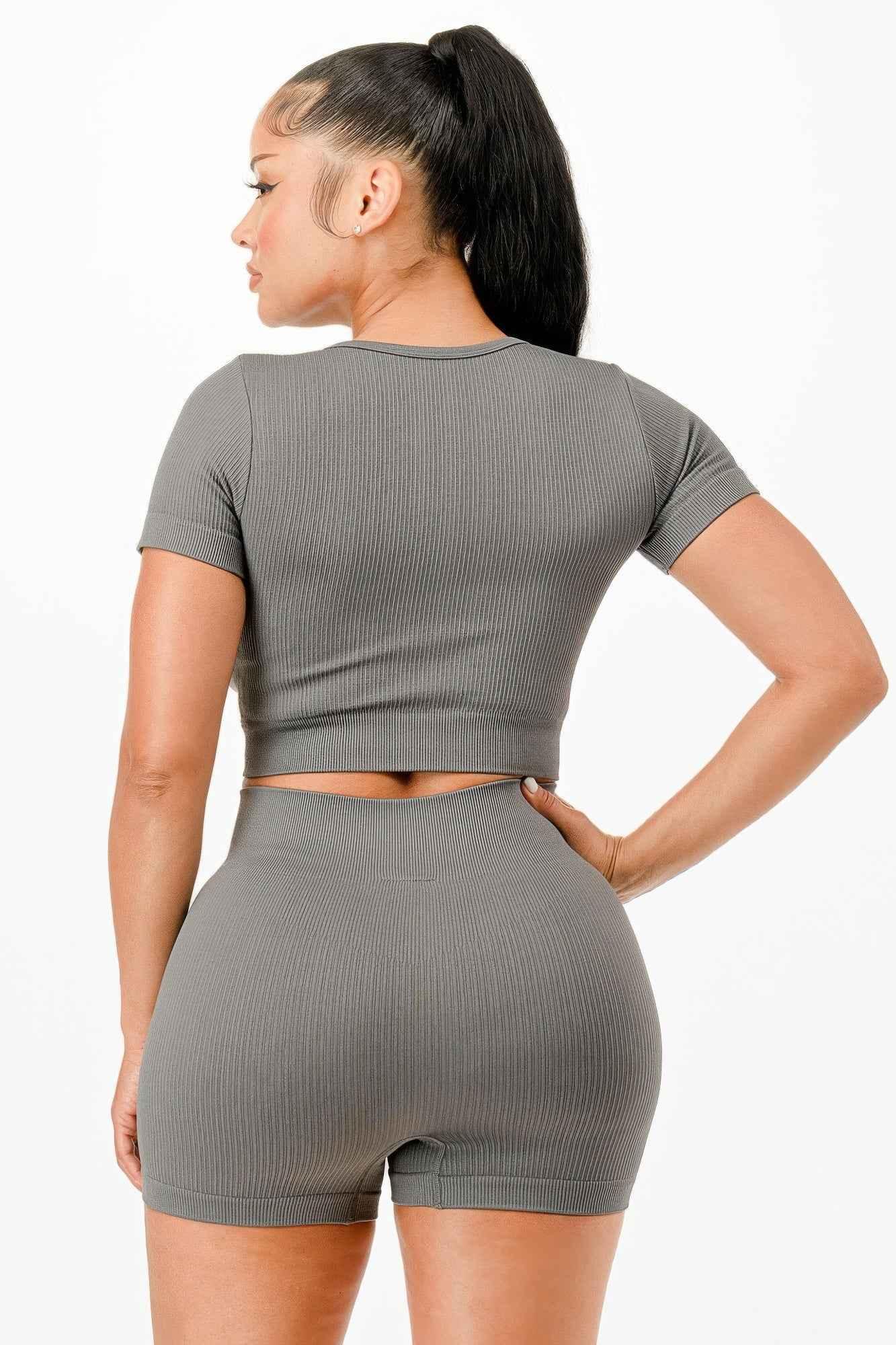 Ribbed Seamless T-shirt And Bike Shorts Set - Mr Lou’s Place