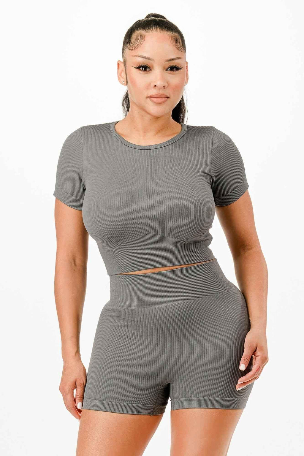 Ribbed Seamless T-shirt And Bike Shorts Set - Mr Lou’s Place