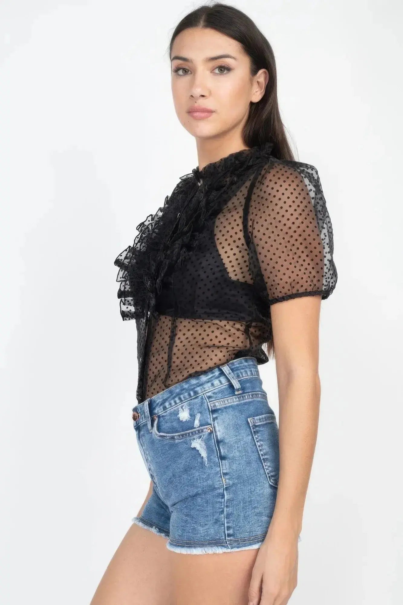 Sheer Ruffle-trim Dot Top - Mr Lou’s Place