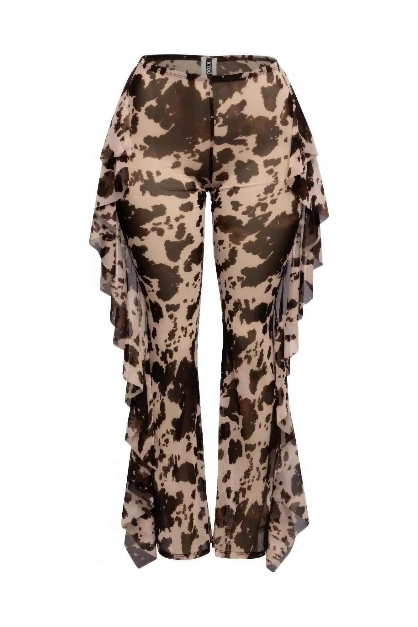 Side Ruffle Detailed Printed Mesh Pants - Mr Lou’s Place